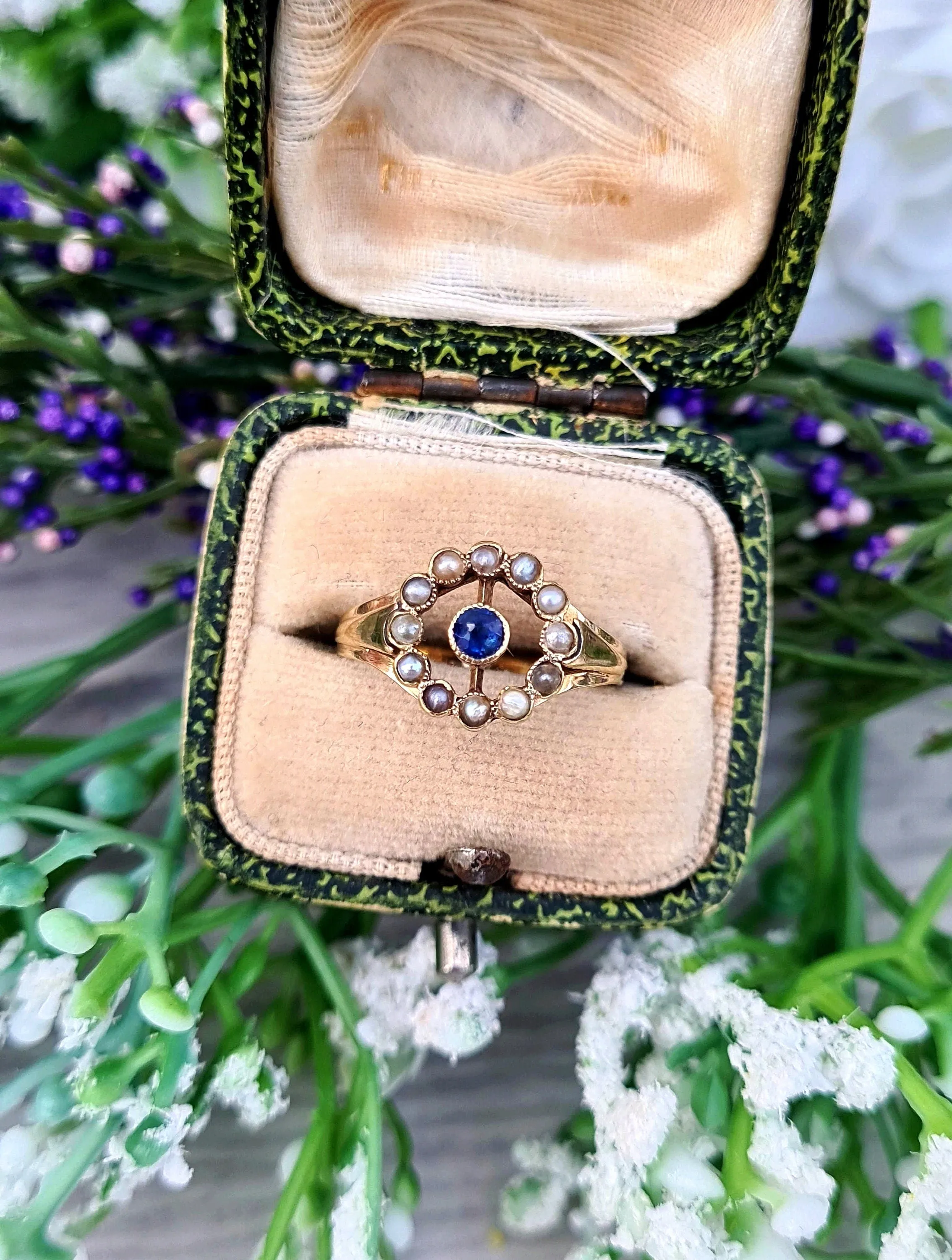 Antique Art Deco 15ct Gold Sapphire and Pearl Target Cluster Ring / Size L 1/2 or 6.25