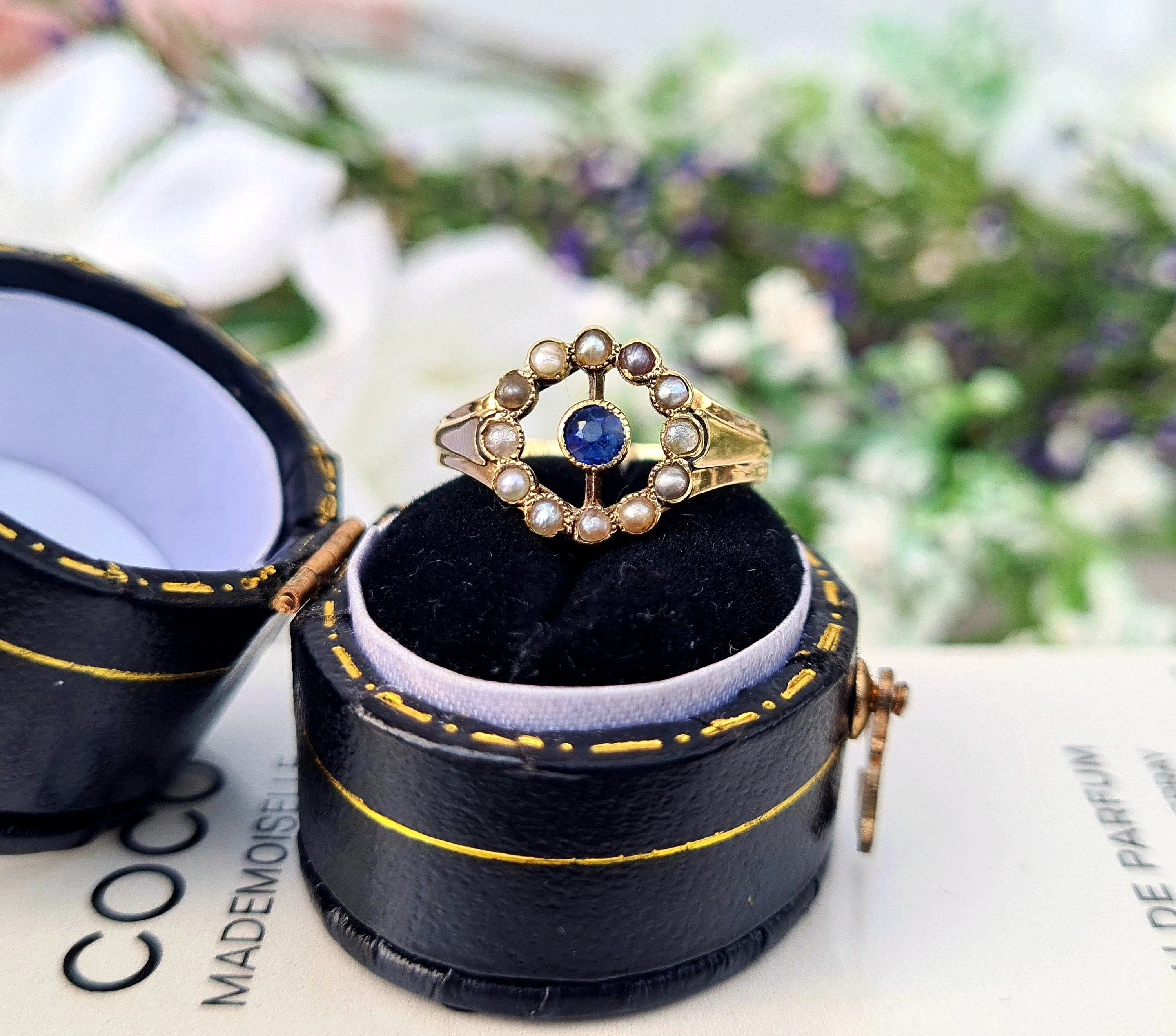 Antique Art Deco 15ct Gold Sapphire and Pearl Target Cluster Ring / Size L 1/2 or 6.25