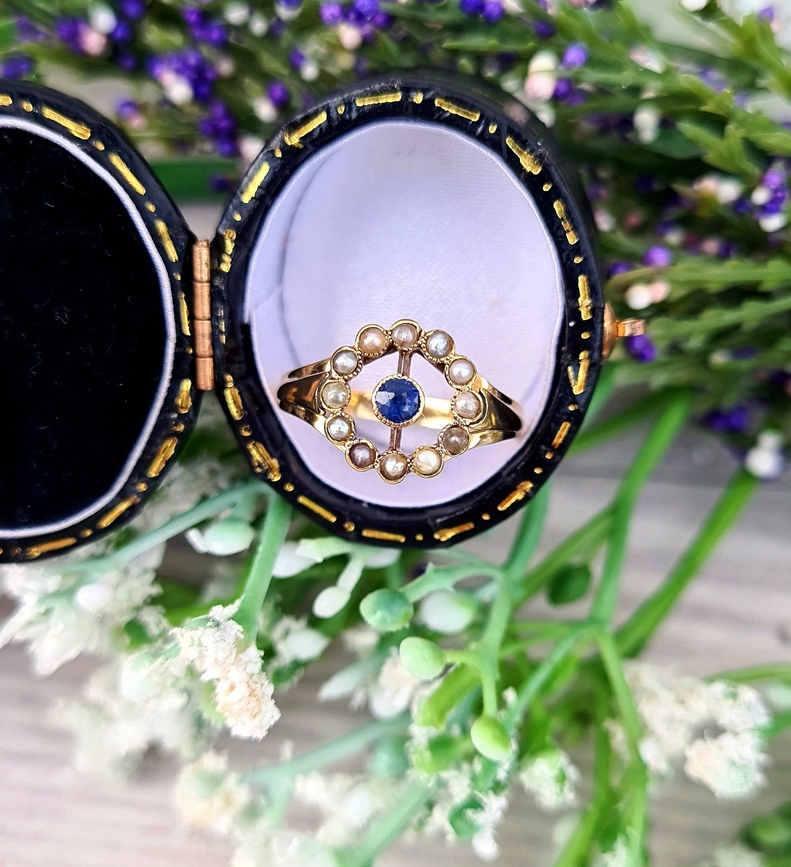 Antique Art Deco 15ct Gold Sapphire and Pearl Target Cluster Ring / Size L 1/2 or 6.25