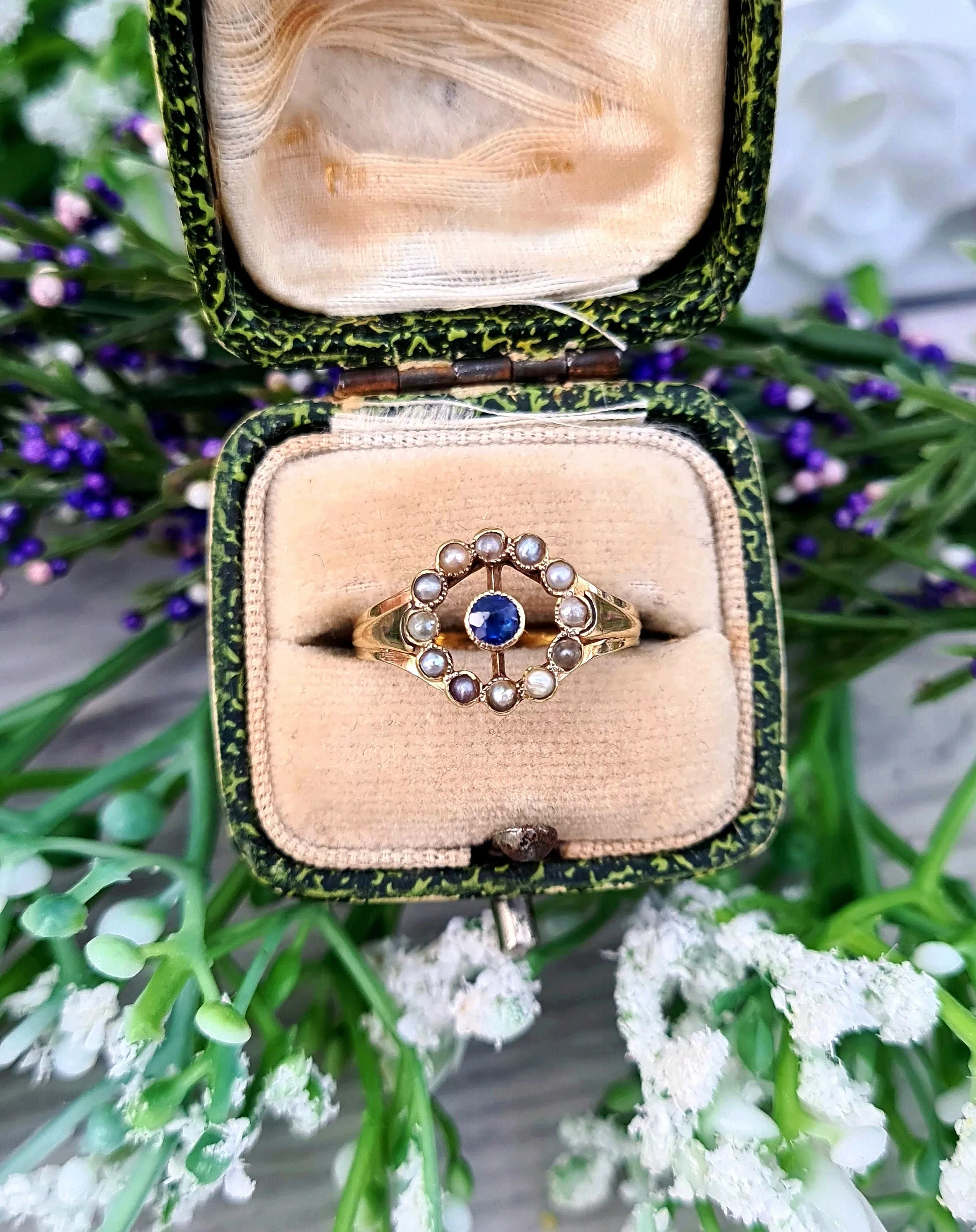 Antique Art Deco 15ct Gold Sapphire and Pearl Target Cluster Ring / Size L 1/2 or 6.25