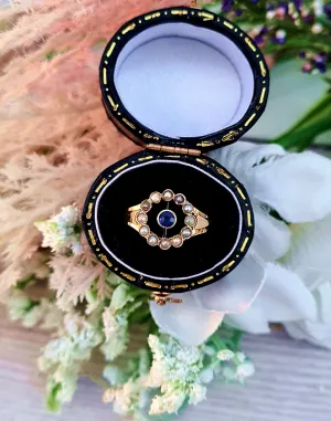 Antique Art Deco 15ct Gold Sapphire and Pearl Target Cluster Ring / Size L 1/2 or 6.25