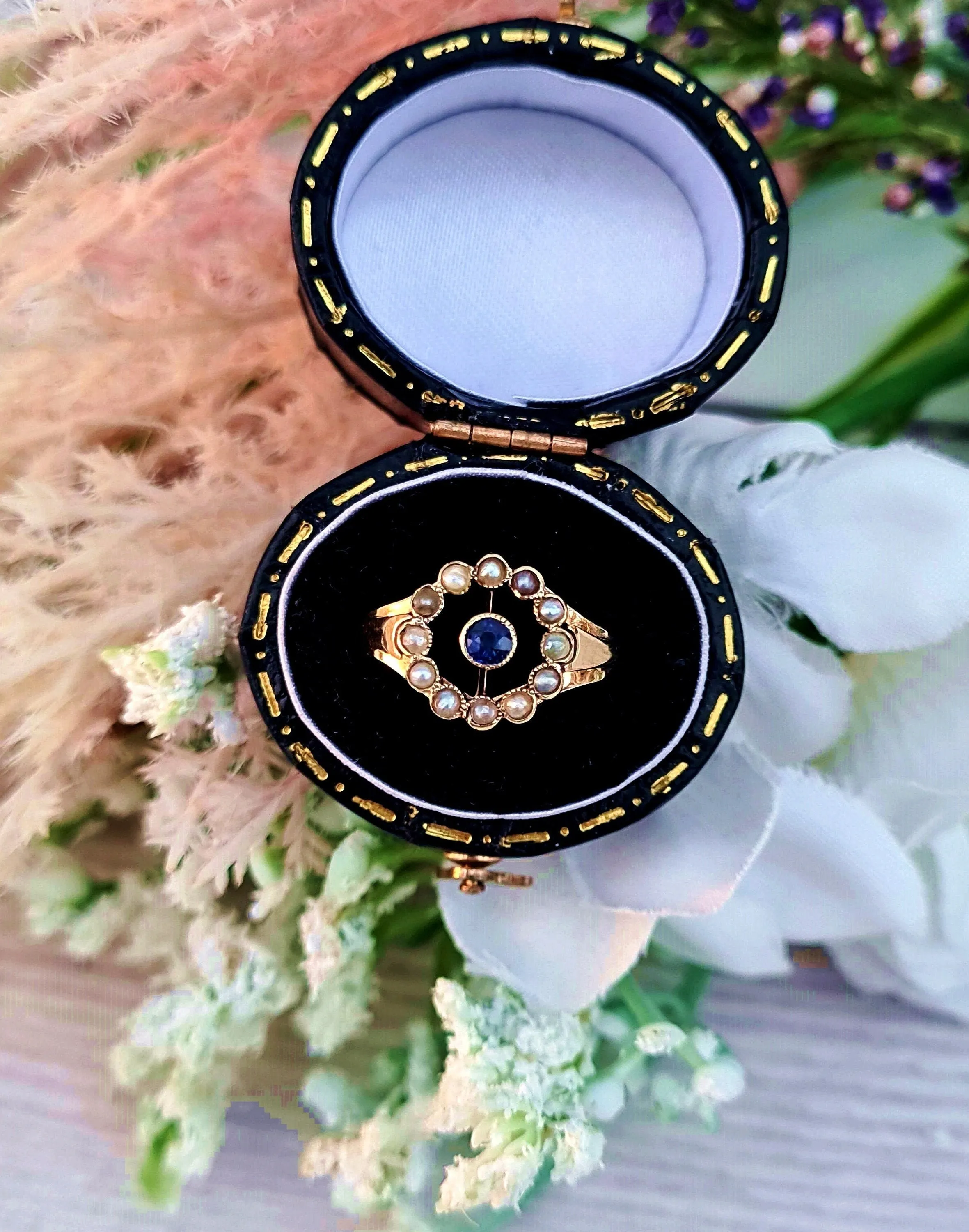 Antique Art Deco 15ct Gold Sapphire and Pearl Target Cluster Ring / Size L 1/2 or 6.25