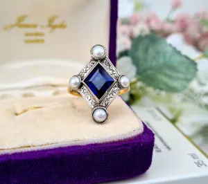 Antique Art Deco 18ct Gold Royal Blue Sapphire & White Pearl Statement Ring / Size Q 1/2 or 8.5