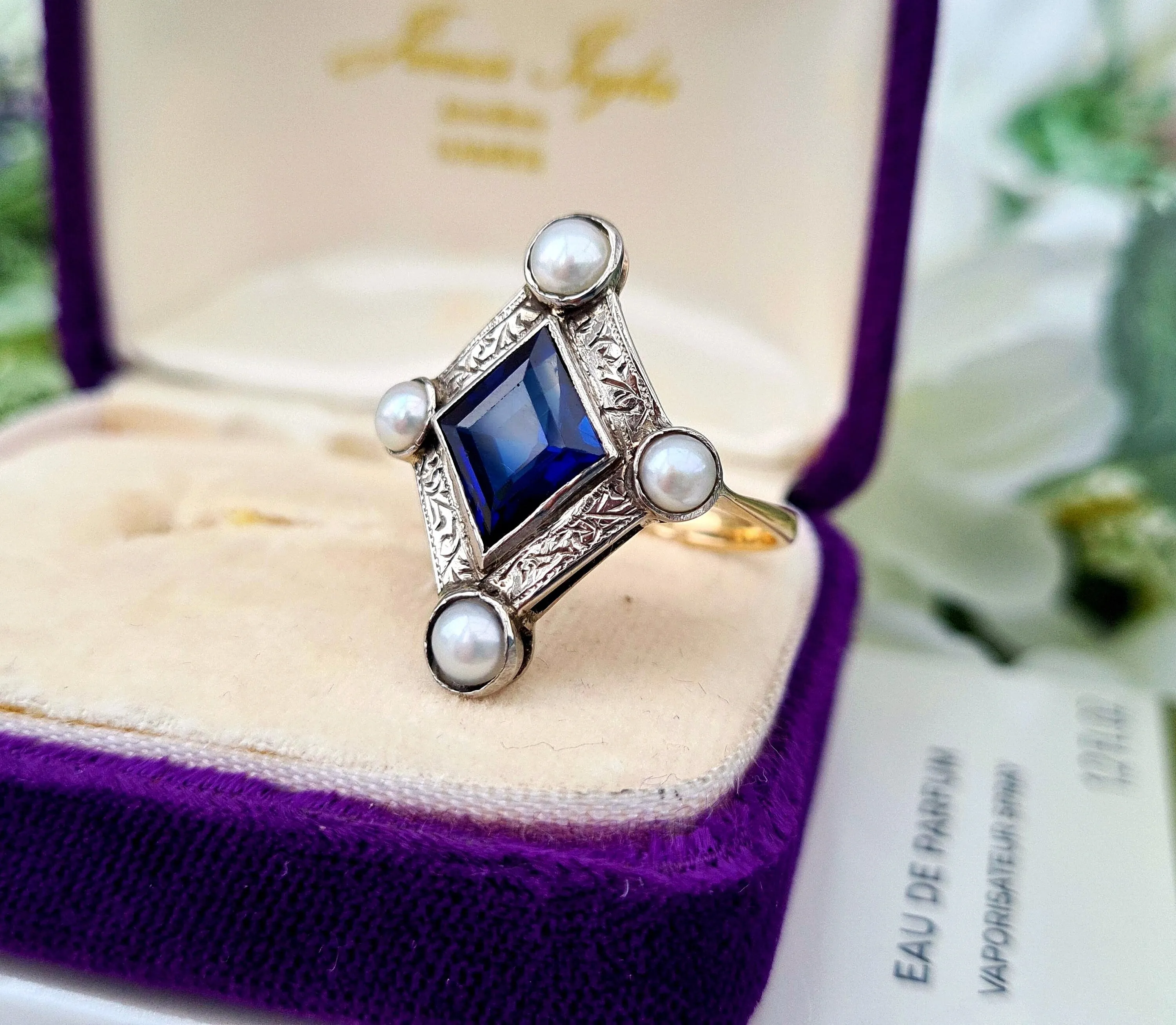 Antique Art Deco 18ct Gold Royal Blue Sapphire & White Pearl Statement Ring / Size Q 1/2 or 8.5