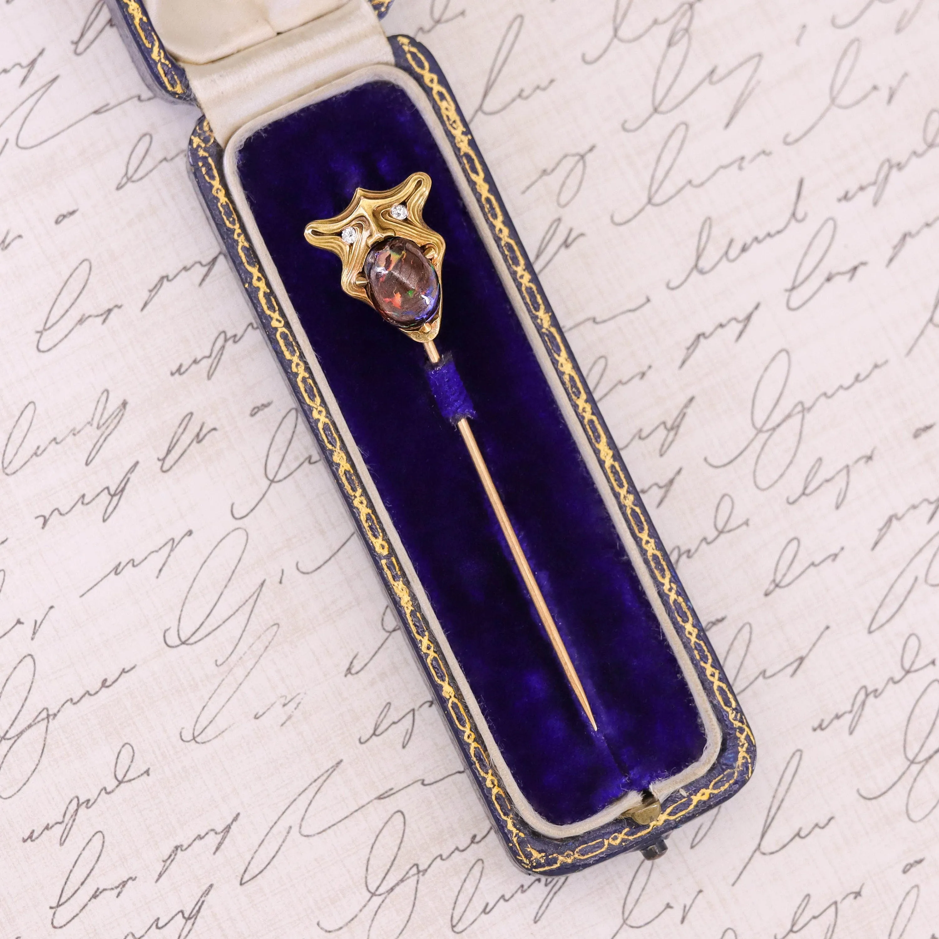 Antique Boulder Opal Gargoyle Stick Pin of 14k Gold