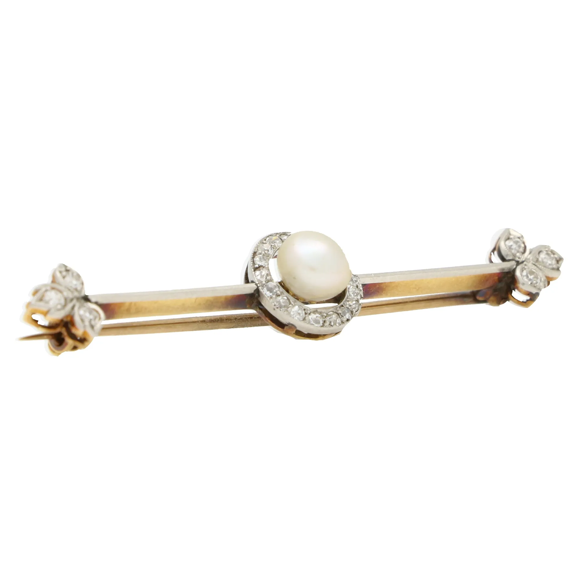 Antique Certified Natural Pearl and Old Cut Diamond Brooch