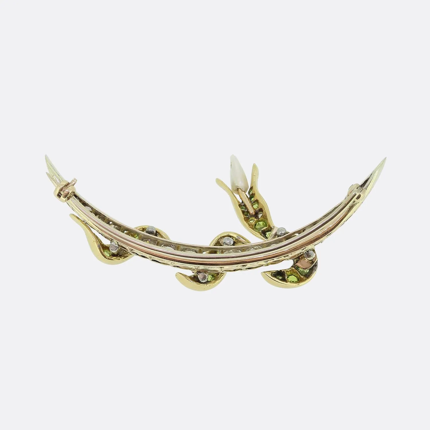 Antique Diamond and Demantoid Garnet Snake Crescent Brooch