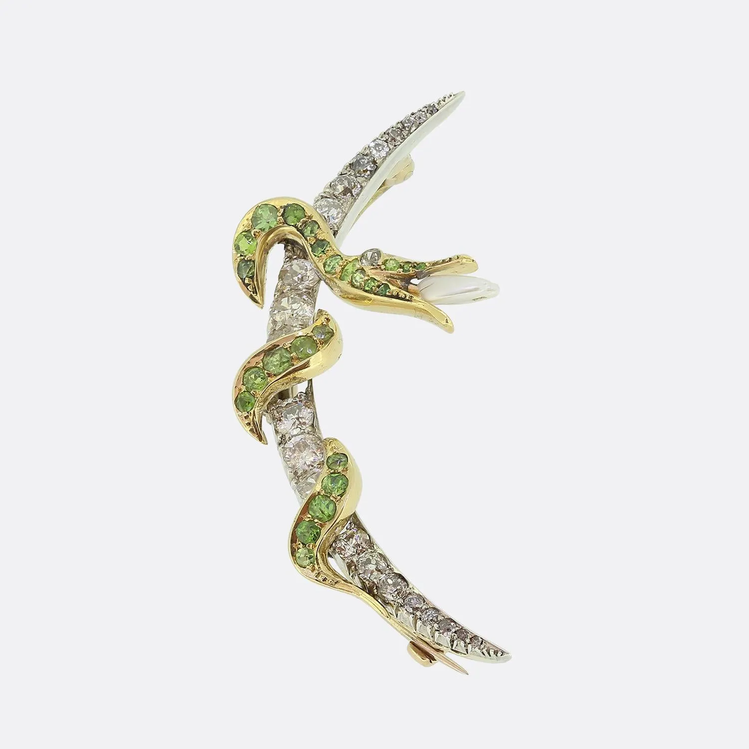 Antique Diamond and Demantoid Garnet Snake Crescent Brooch