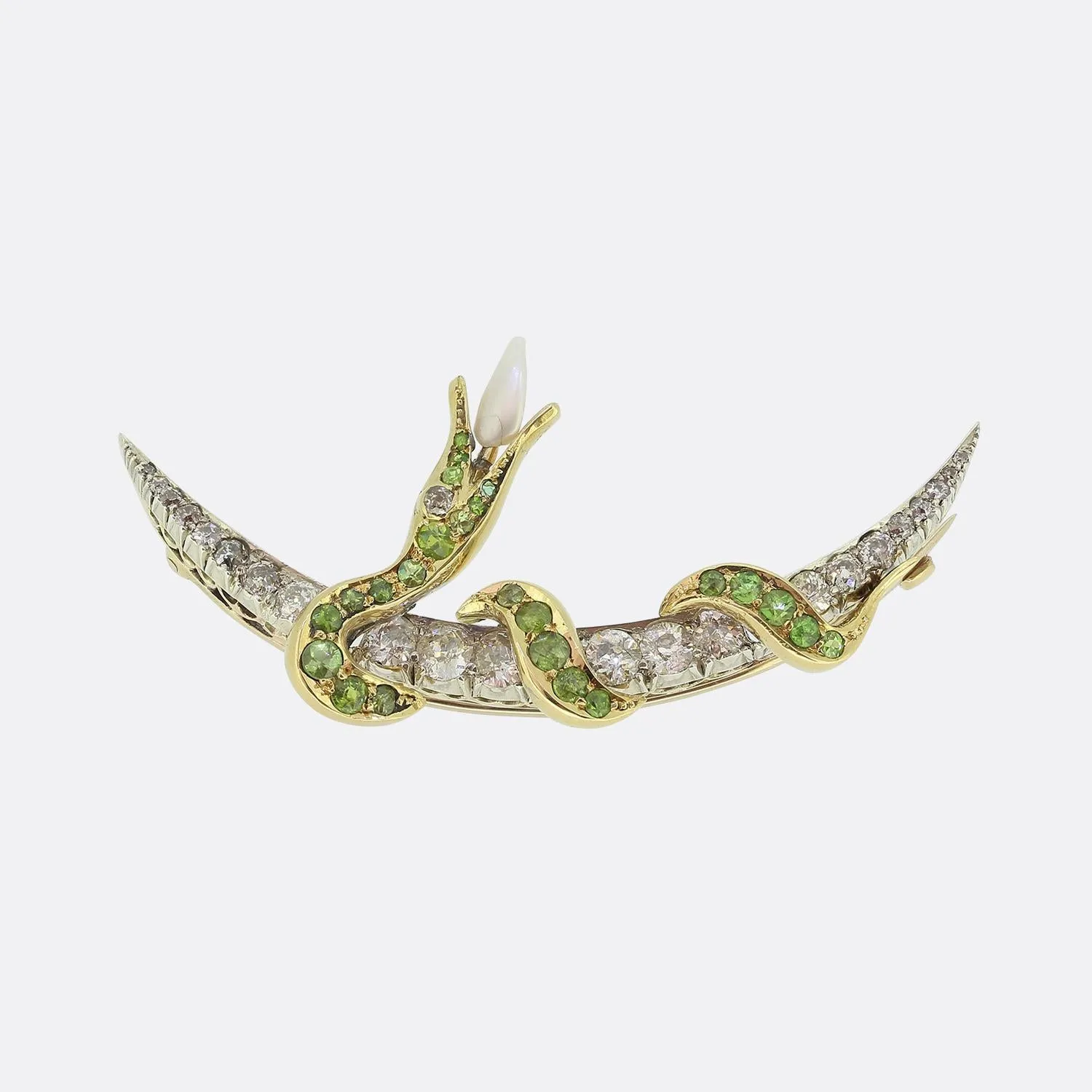 Antique Diamond and Demantoid Garnet Snake Crescent Brooch