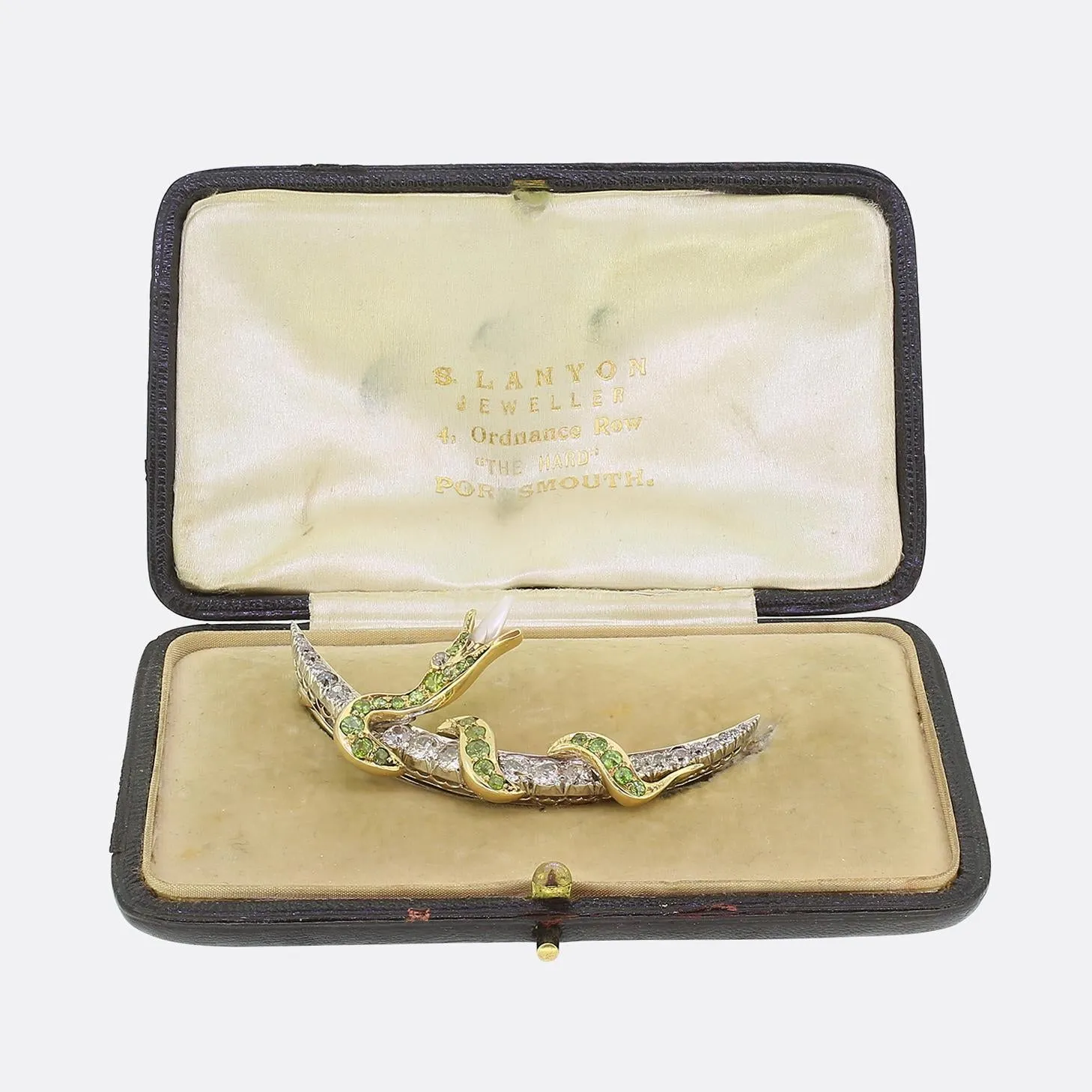 Antique Diamond and Demantoid Garnet Snake Crescent Brooch