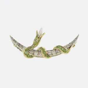 Antique Diamond and Demantoid Garnet Snake Crescent Brooch
