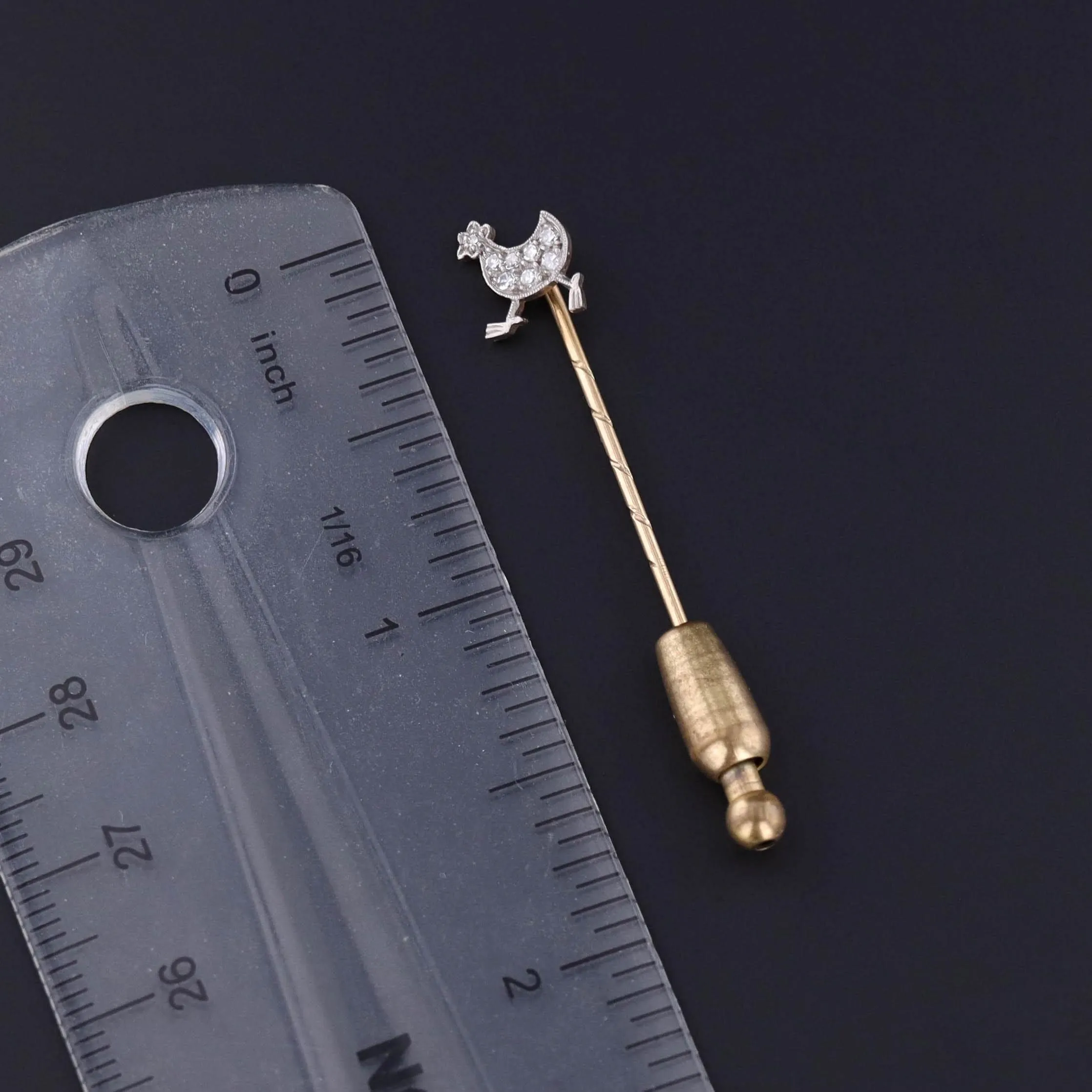 Antique Diamond Chicken Stickpin of Palladium and 14k Gold