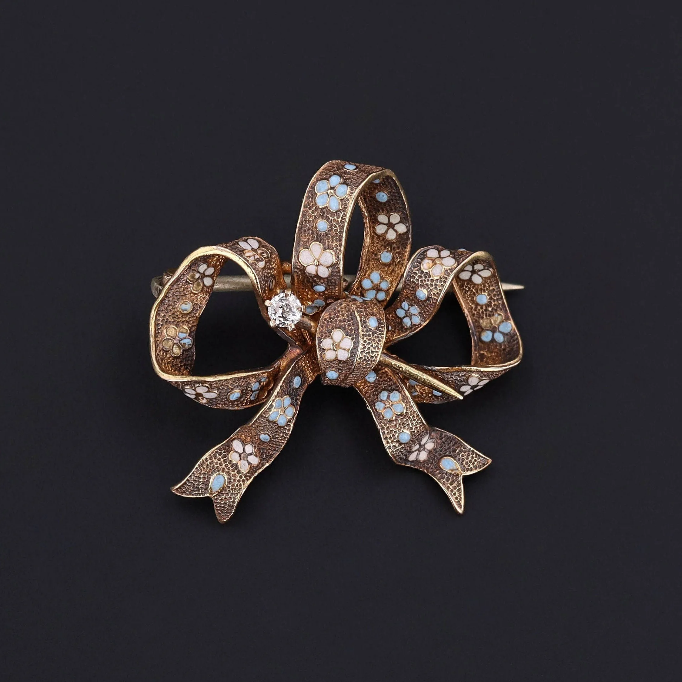 Antique Enamel and Diamond Bow Brooch of 14k Gold