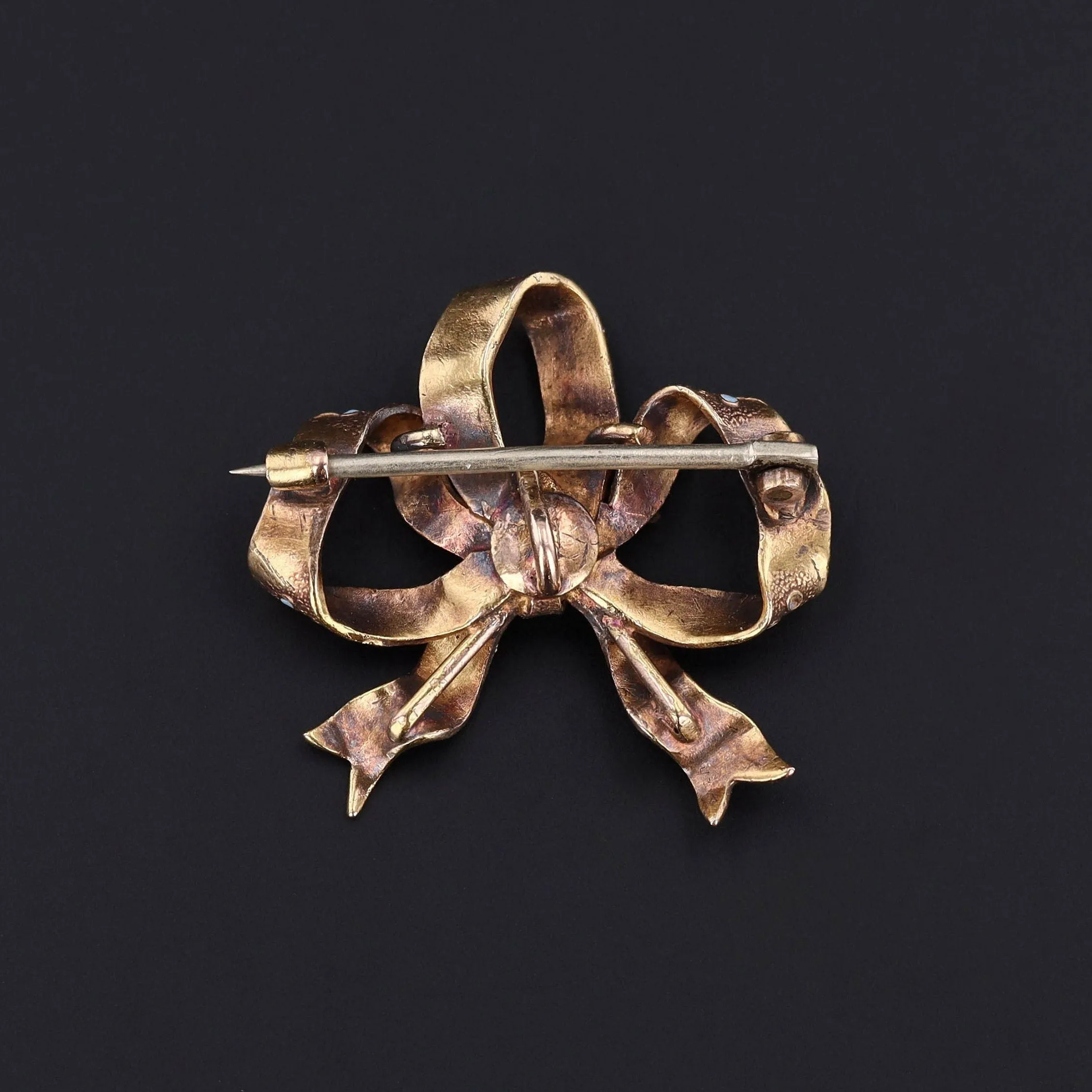 Antique Enamel and Diamond Bow Brooch of 14k Gold
