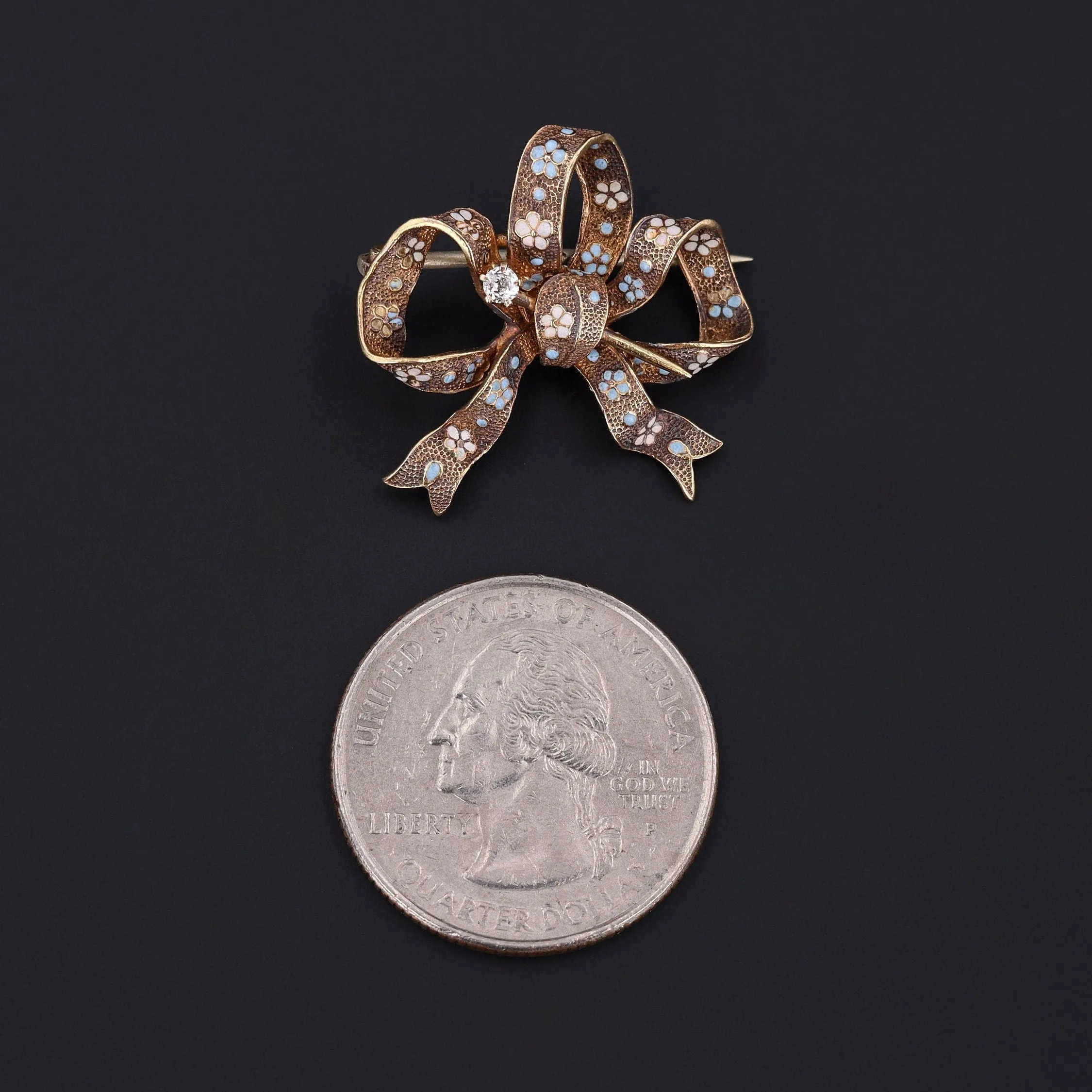 Antique Enamel and Diamond Bow Brooch of 14k Gold