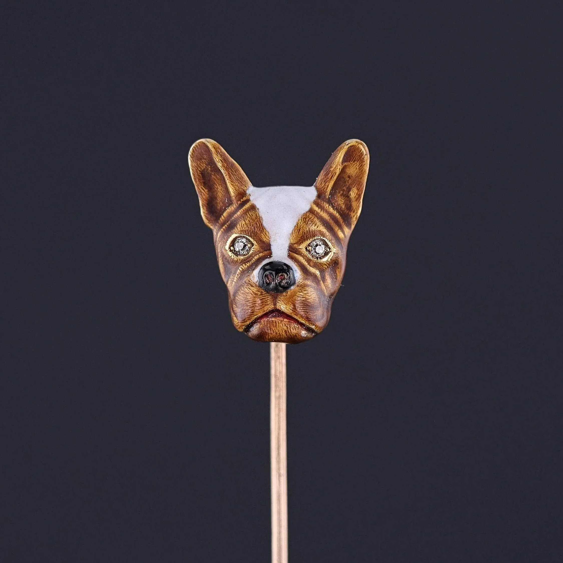 Antique Enamel Boston Terrier Stickpin of 14k Gold
