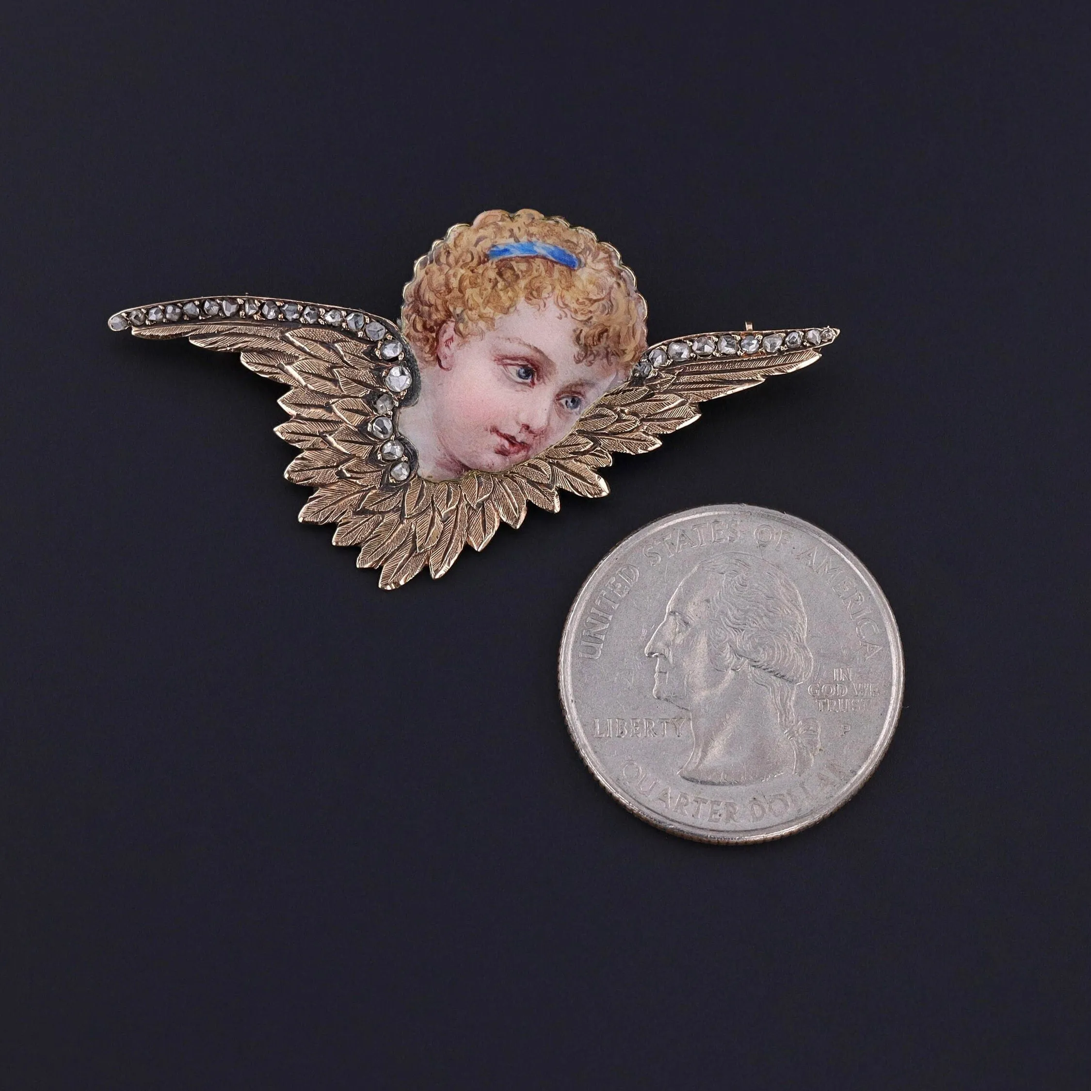 Antique Enamel Cherub Brooch of 18k Gold