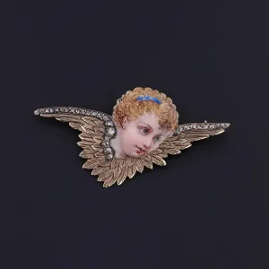 Antique Enamel Cherub Brooch of 18k Gold