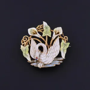 Antique Enamel Swan Brooch of 14k Gold