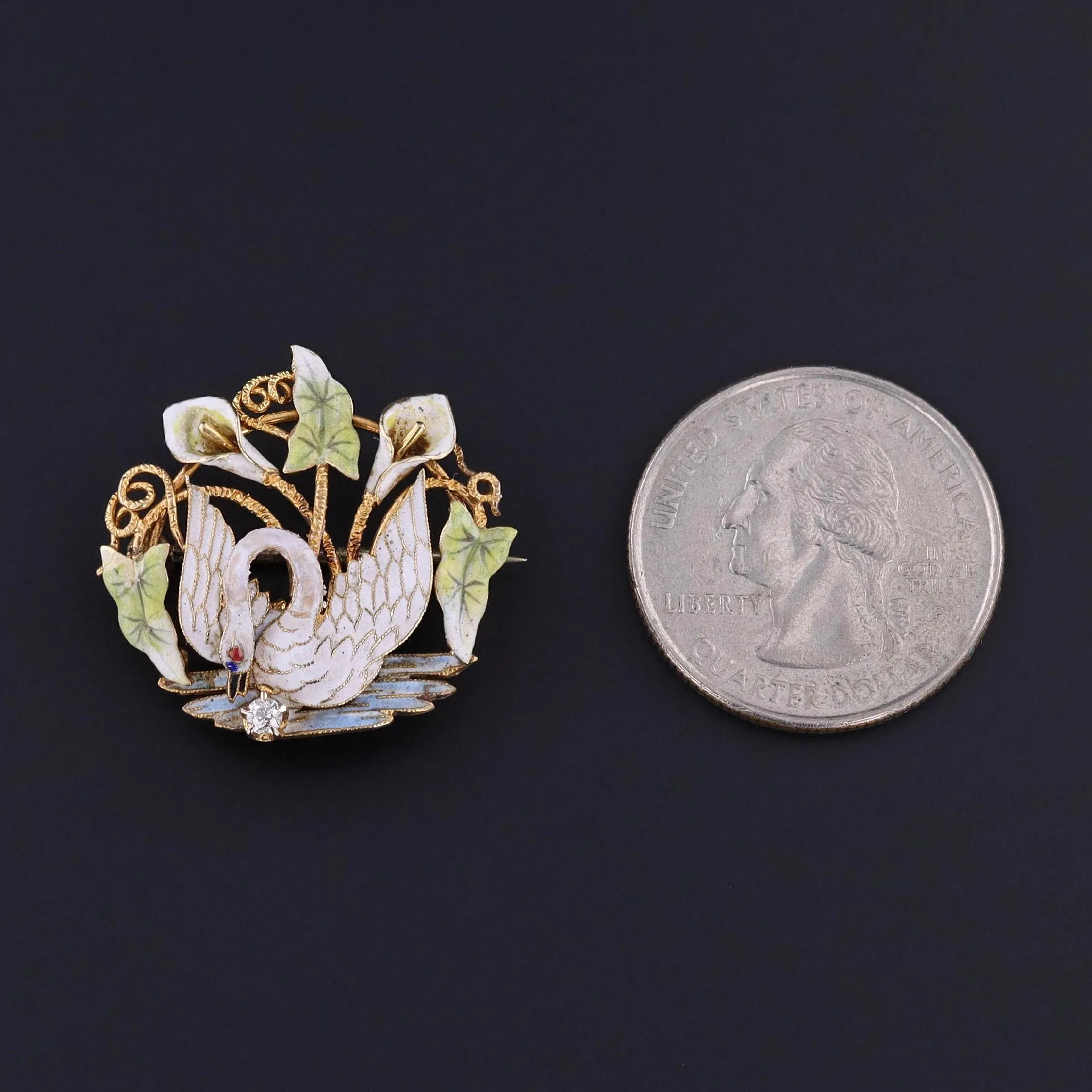 Antique Enamel Swan Brooch of 14k Gold