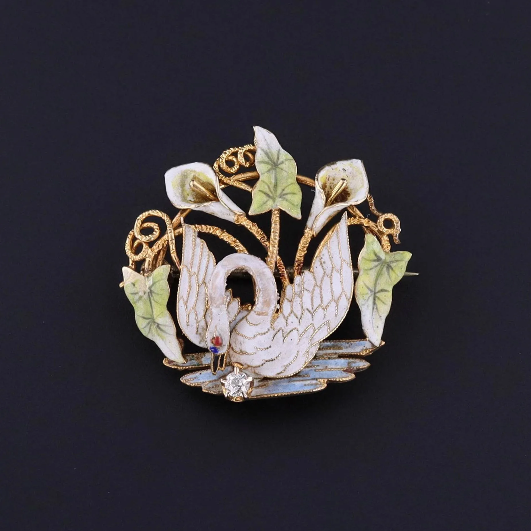 Antique Enamel Swan Brooch of 14k Gold