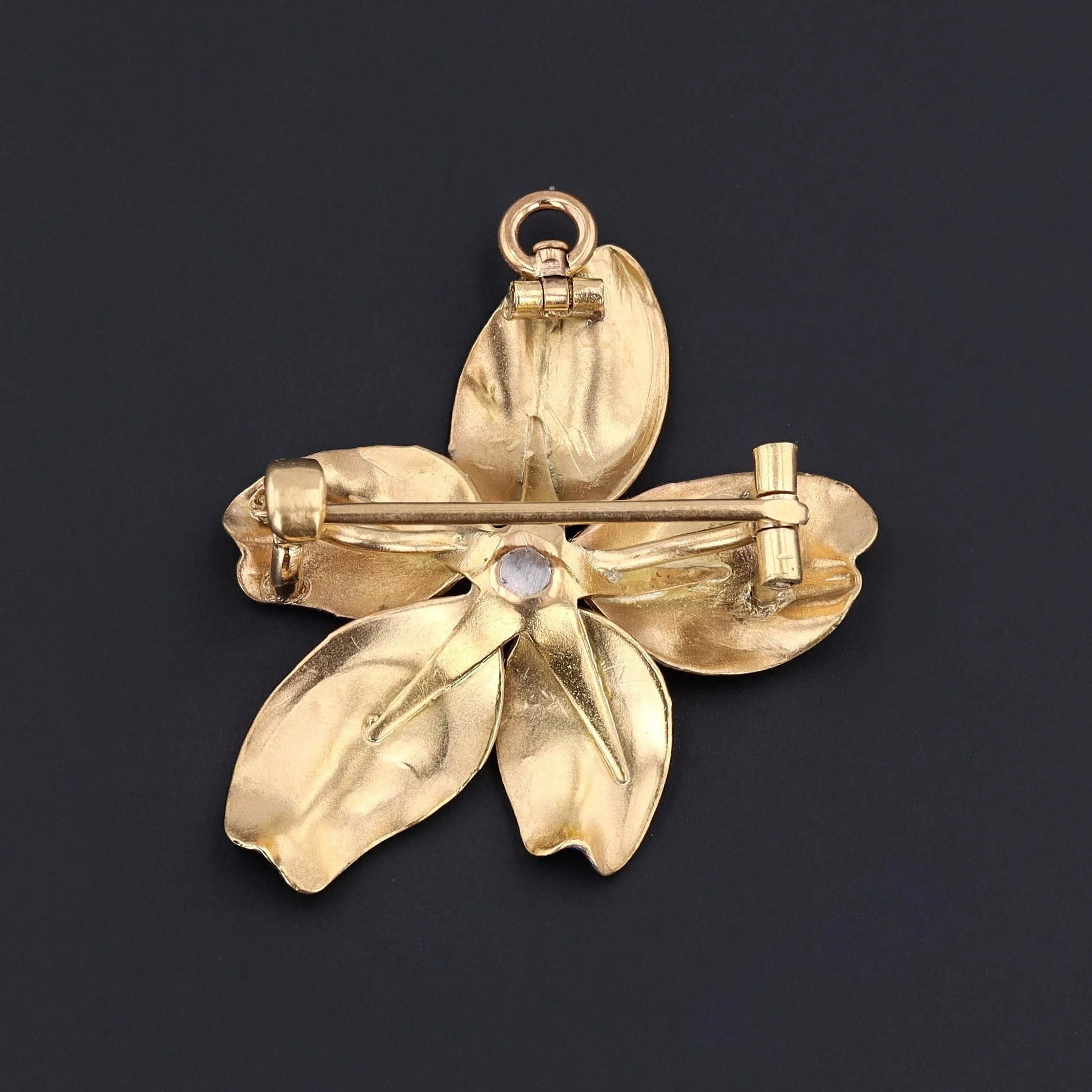 Antique Enamel Violet Pendant Brooch of 14k Gold