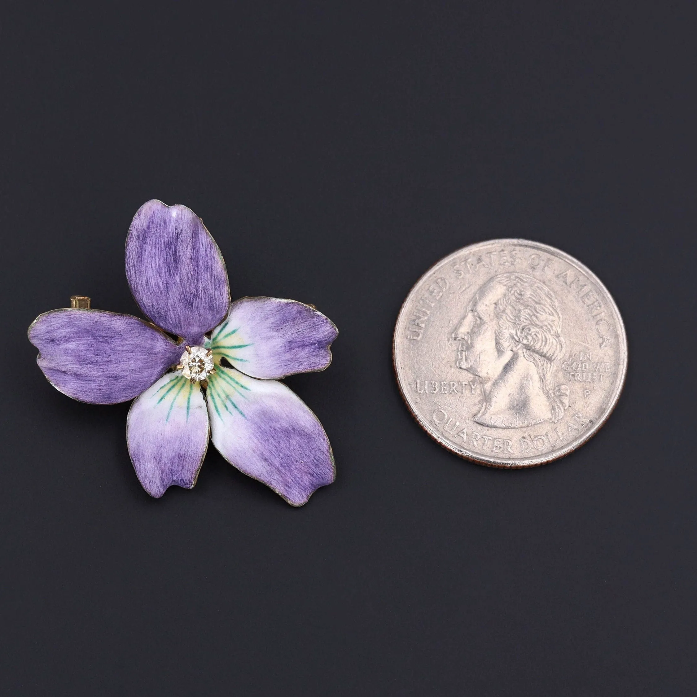 Antique Enamel Violet Pendant Brooch of 14k Gold