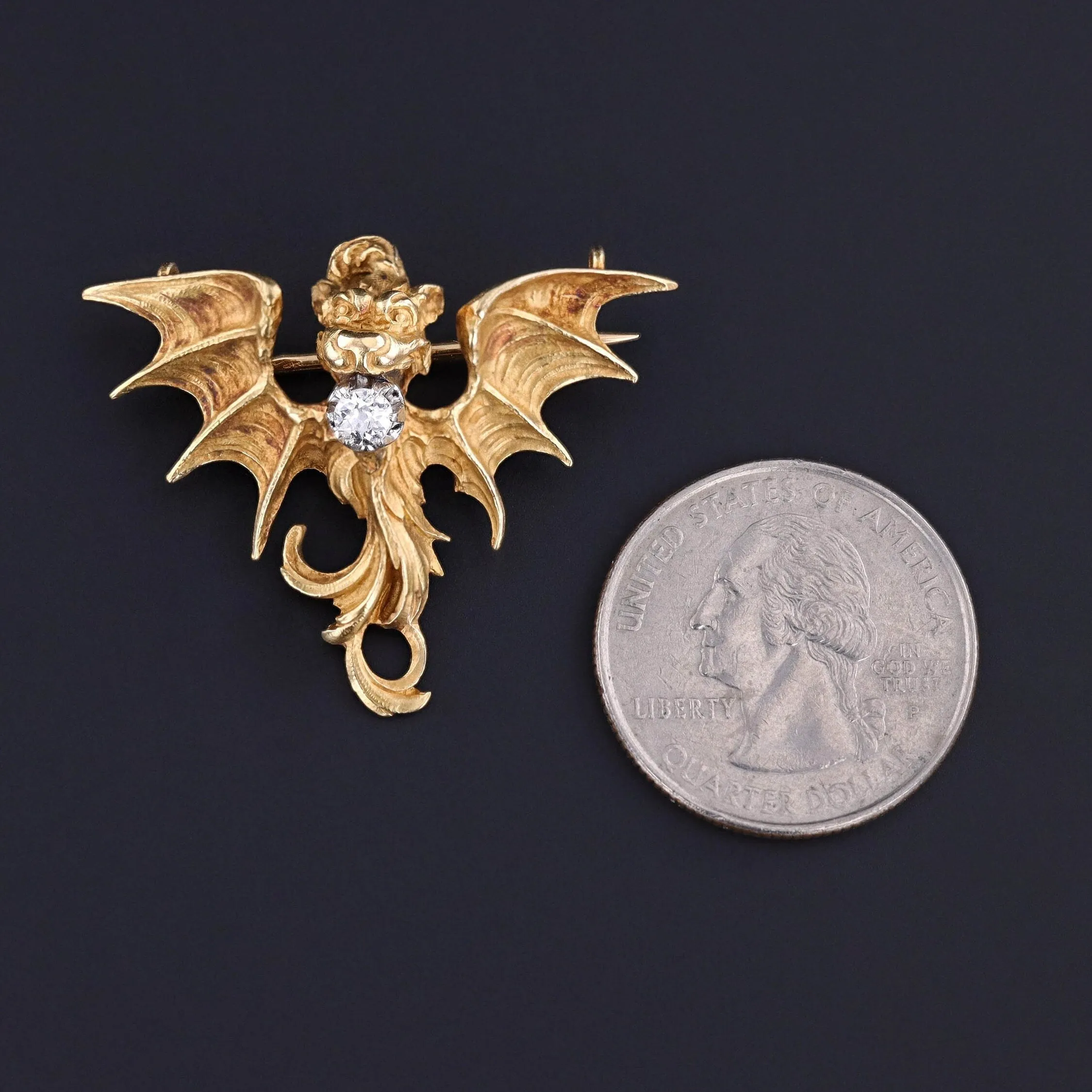Antique French Art Nouveau Dragon Brooch of 18k Gold