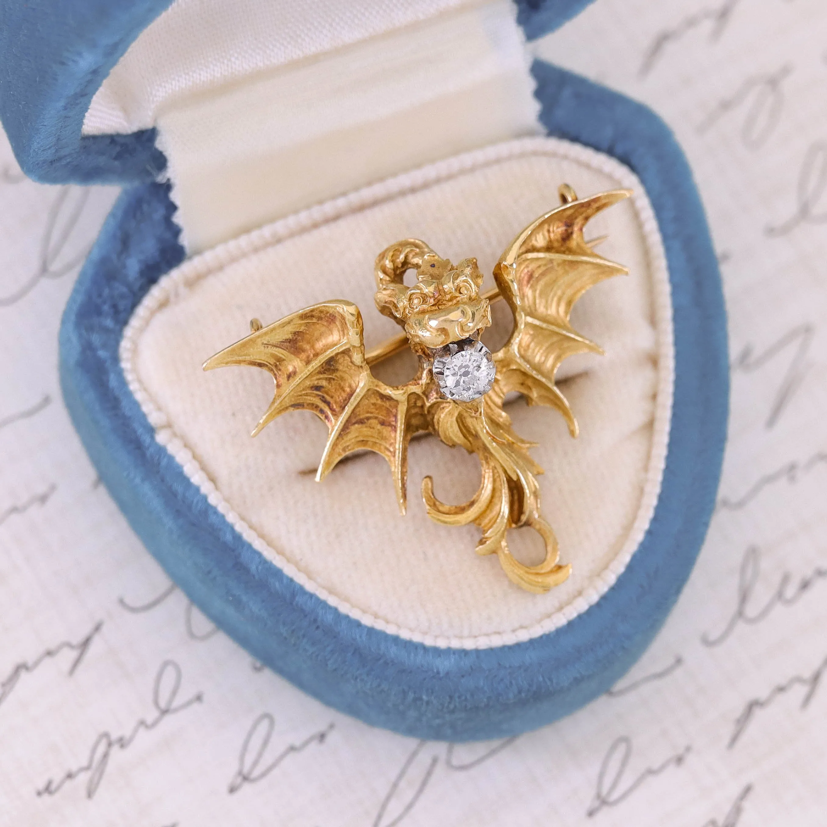 Antique French Art Nouveau Dragon Brooch of 18k Gold