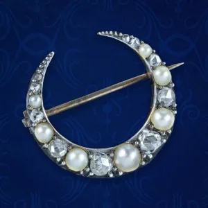 Antique Victorian Pearl Diamond Crescent Moon Brooch Dated 1884