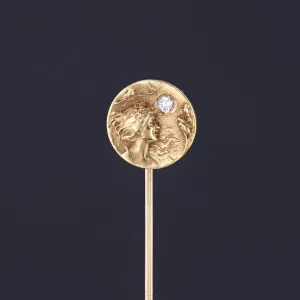 Antique Woman and Birds Stickpin of 14k Gold