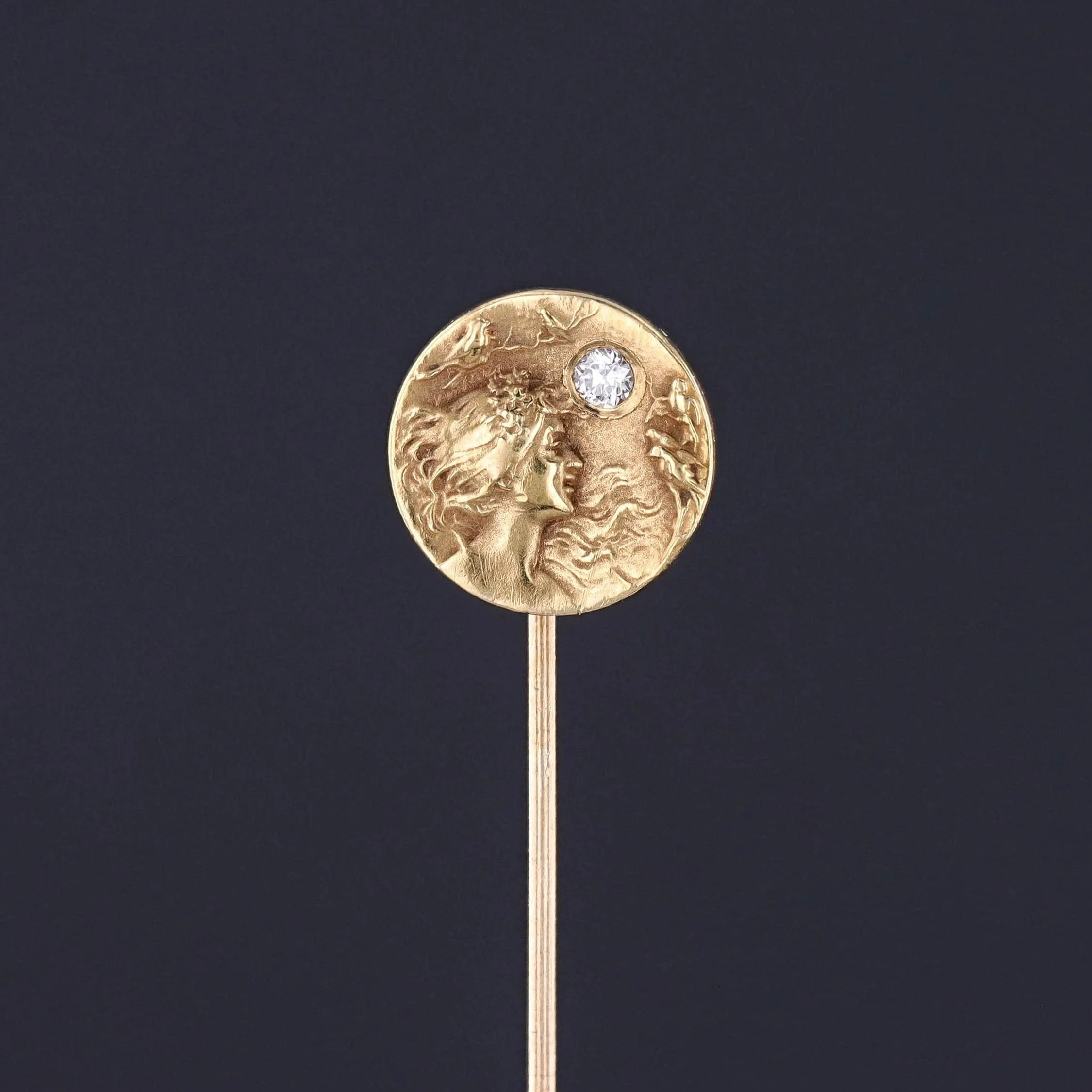 Antique Woman and Birds Stickpin of 14k Gold