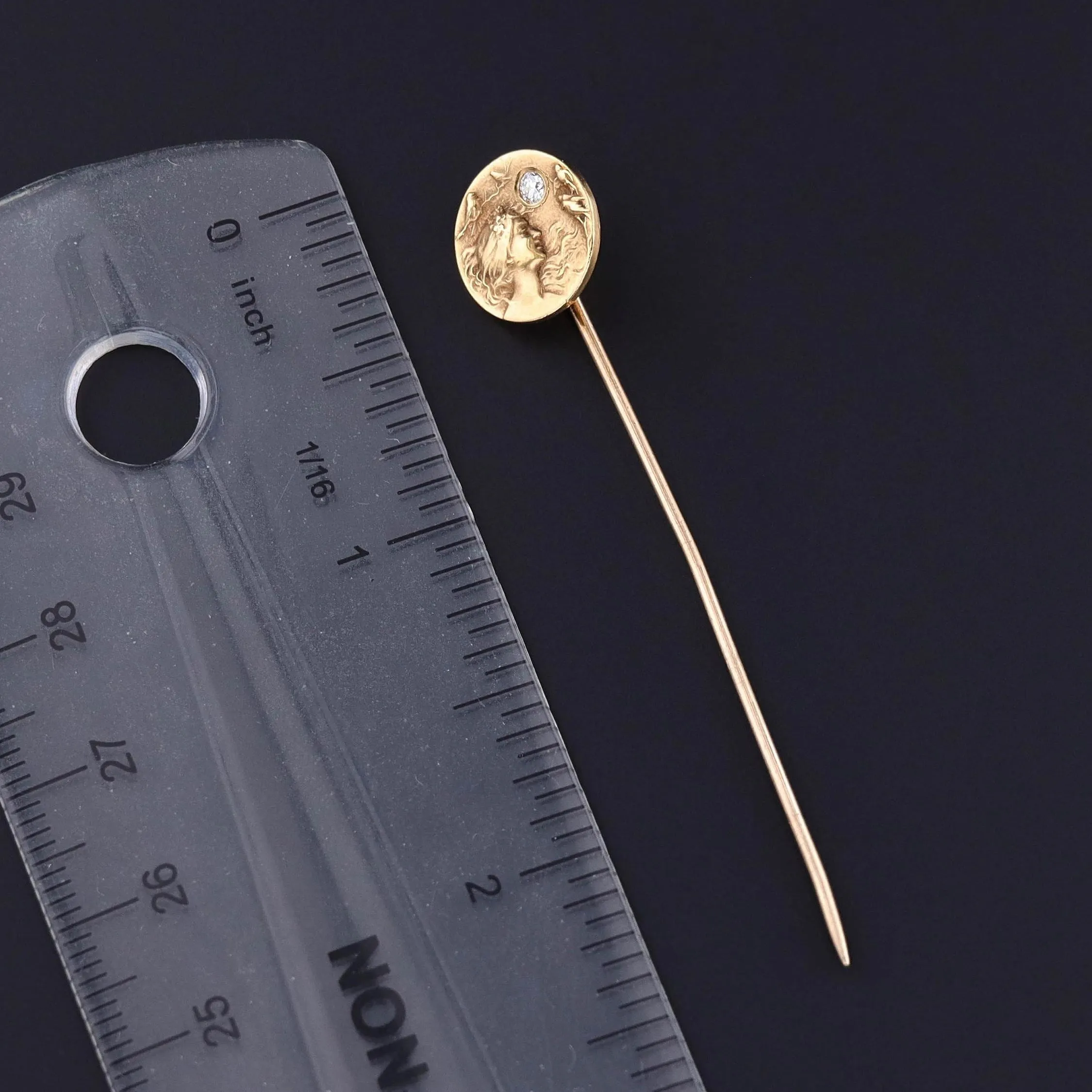 Antique Woman and Birds Stickpin of 14k Gold