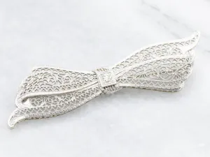 Art Deco Old European Cut Diamond Filigree Bow Brooch