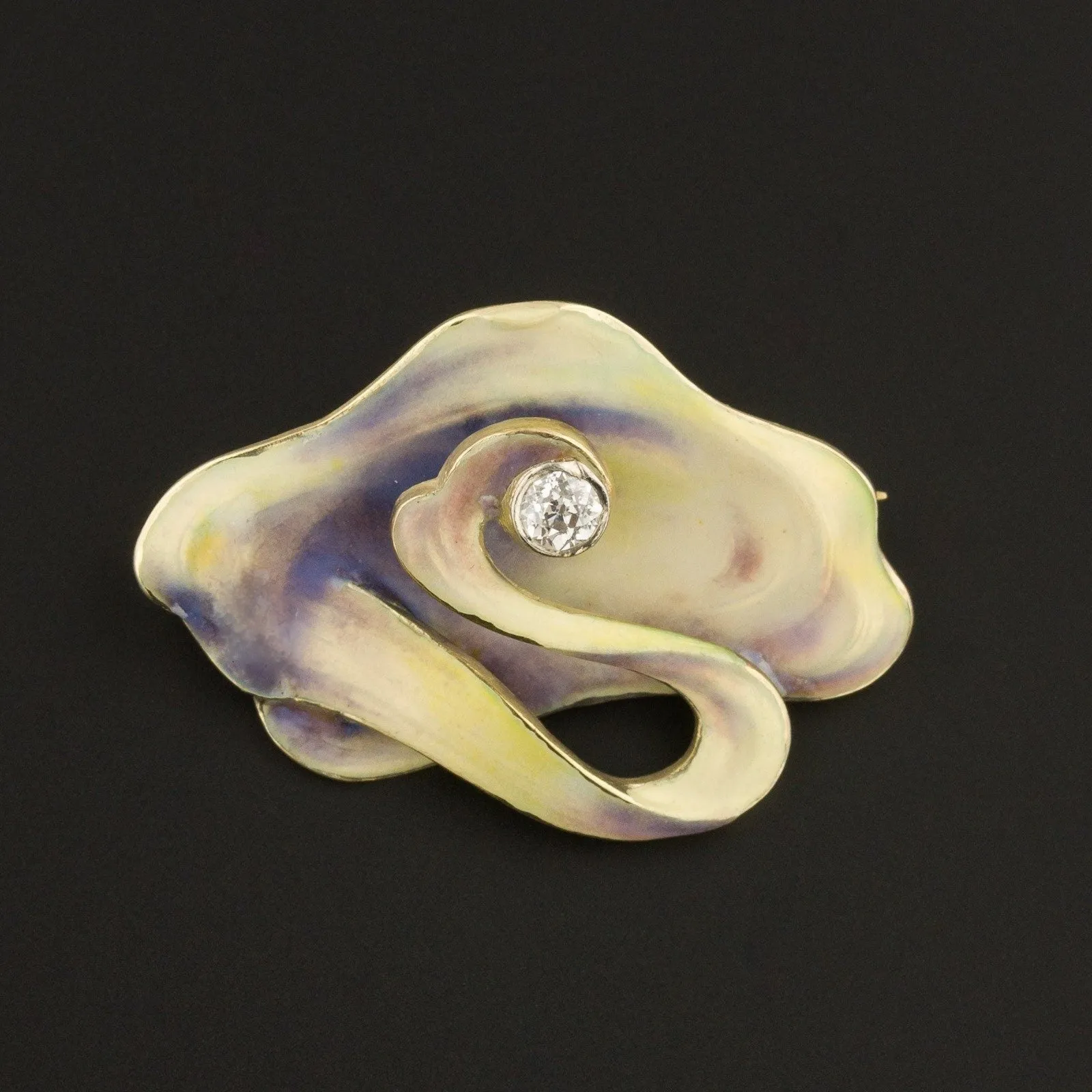 Art Nouveau Diamond and Enamel Brooch of 14k Gold