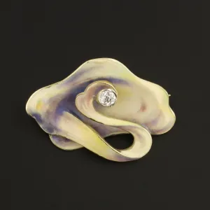 Art Nouveau Diamond and Enamel Brooch of 14k Gold