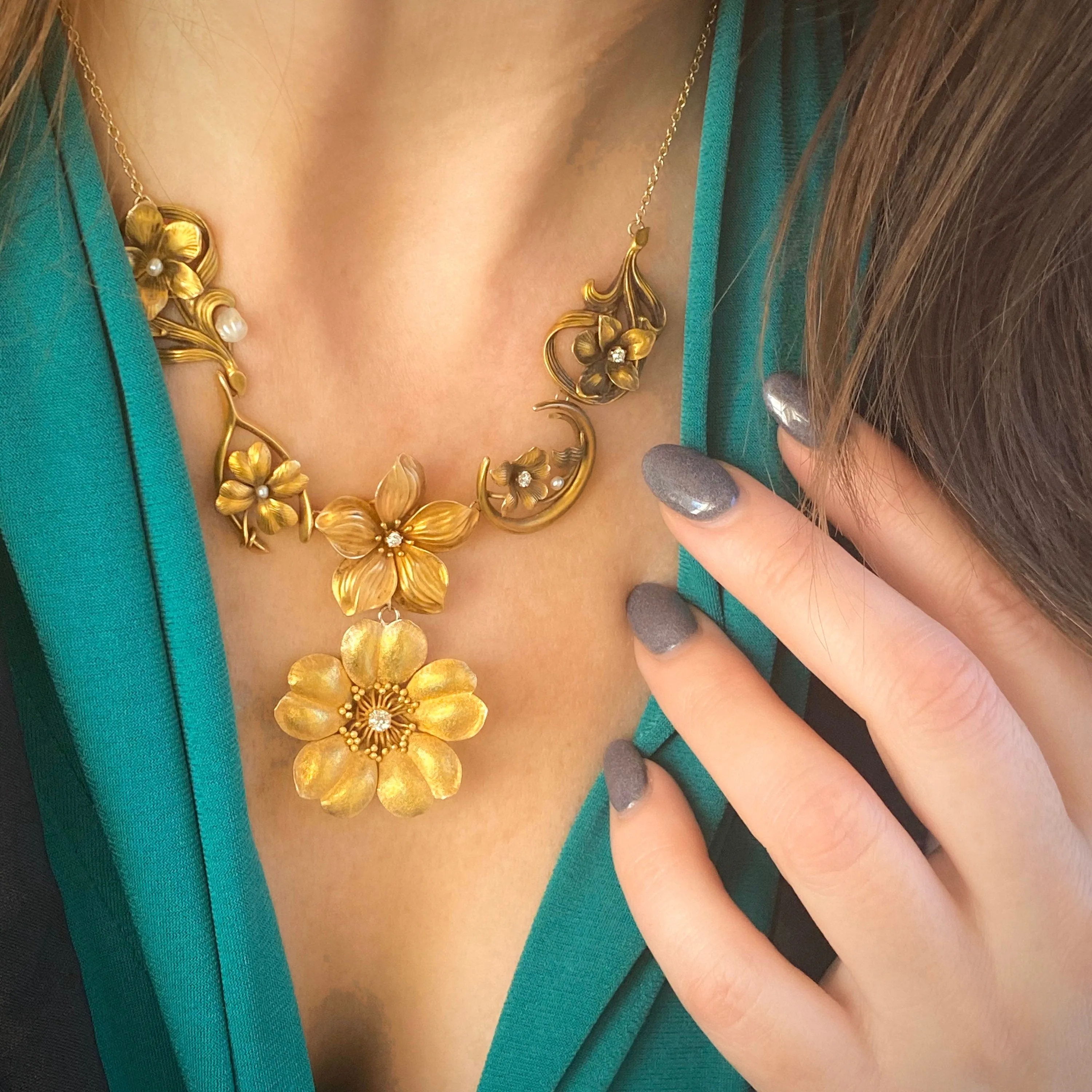 Art Nouveau Flower Conversion Necklace in 10k and 14k Gold