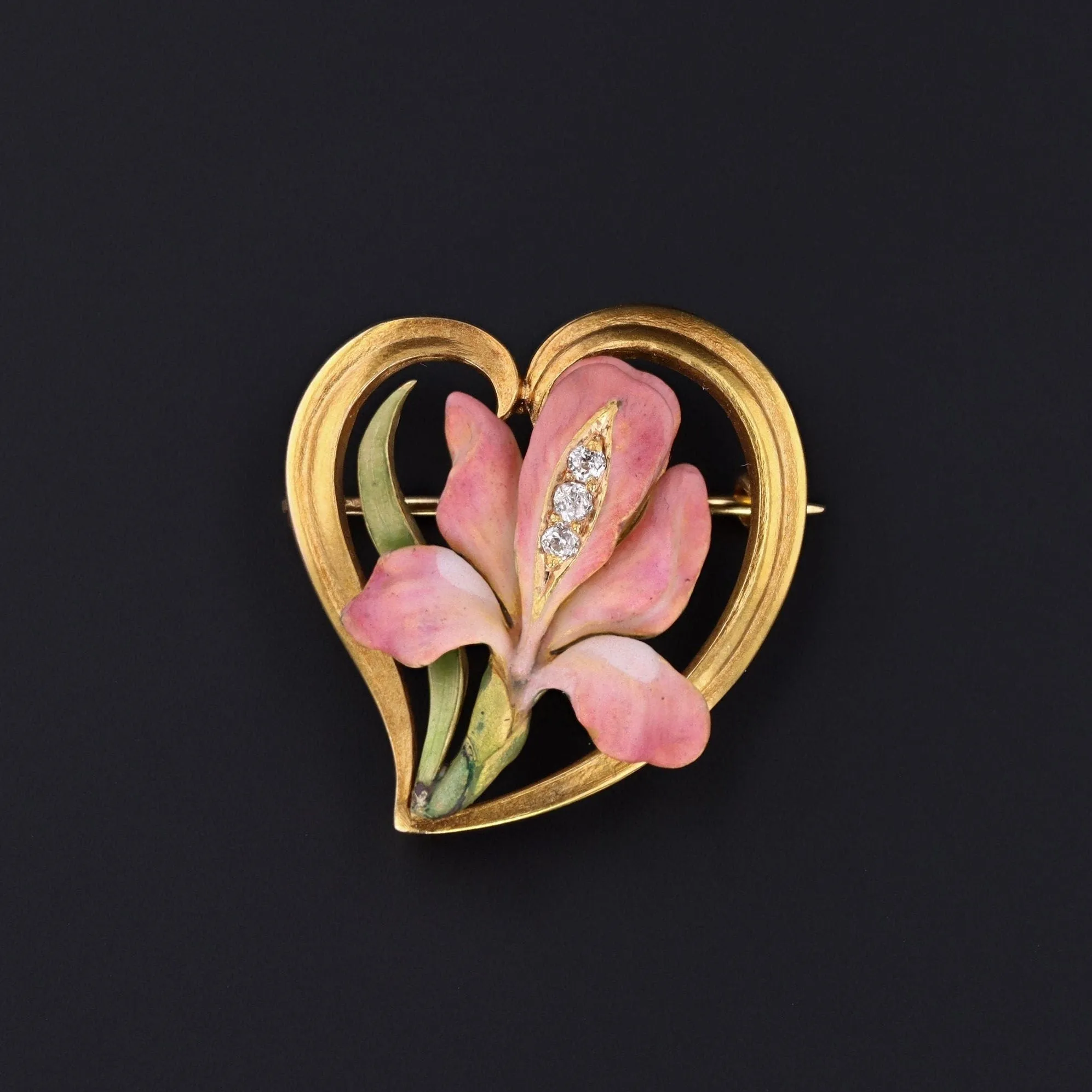 Art Nouveau Iris in Heart Brooch of 14k Gold by Bippart & Co.