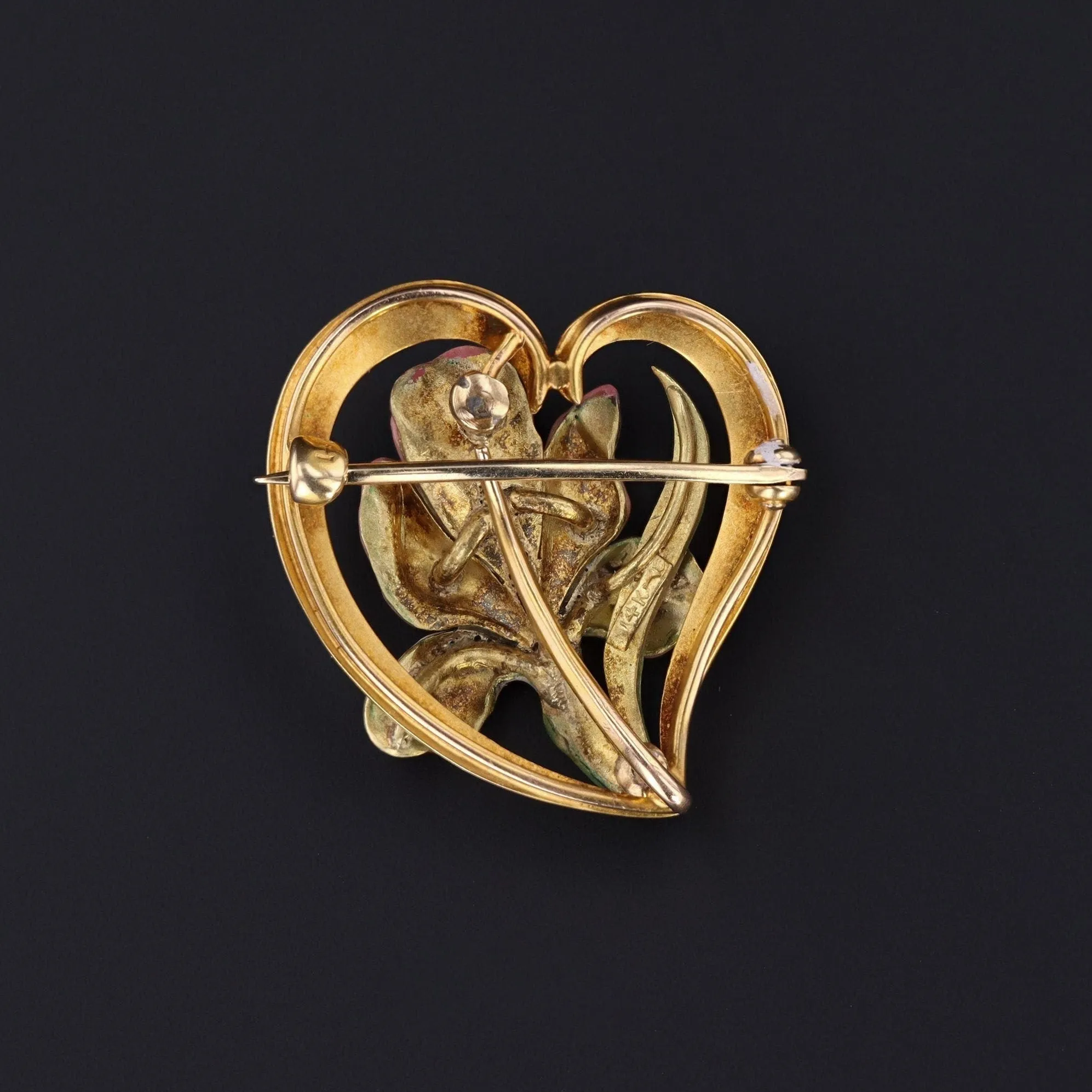 Art Nouveau Iris in Heart Brooch of 14k Gold by Bippart & Co.