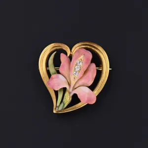 Art Nouveau Iris in Heart Brooch of 14k Gold by Bippart & Co.