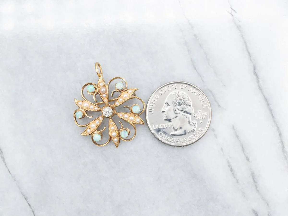 Art Nouveau Old Mine Cut Diamond, Seed Pearl, and Opal Brooch or Pendant