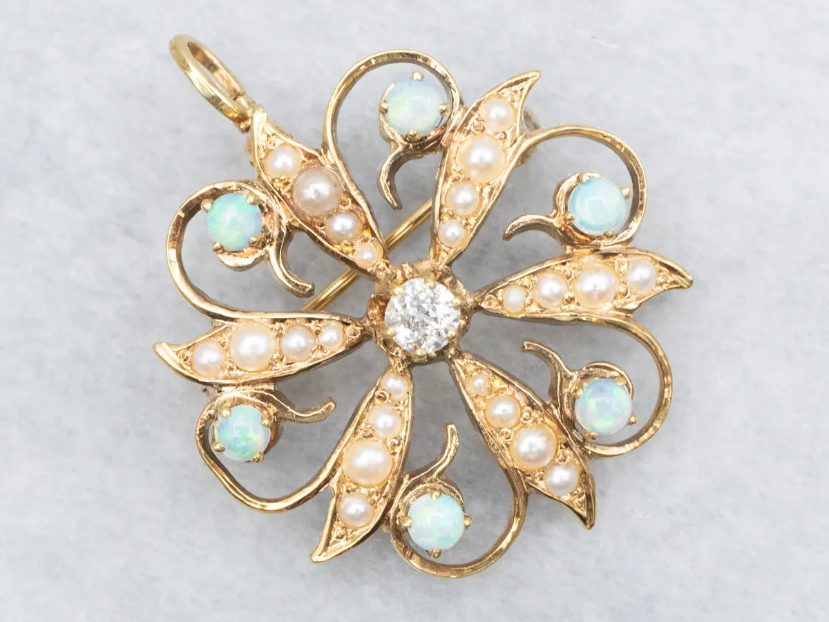 Art Nouveau Old Mine Cut Diamond, Seed Pearl, and Opal Brooch or Pendant