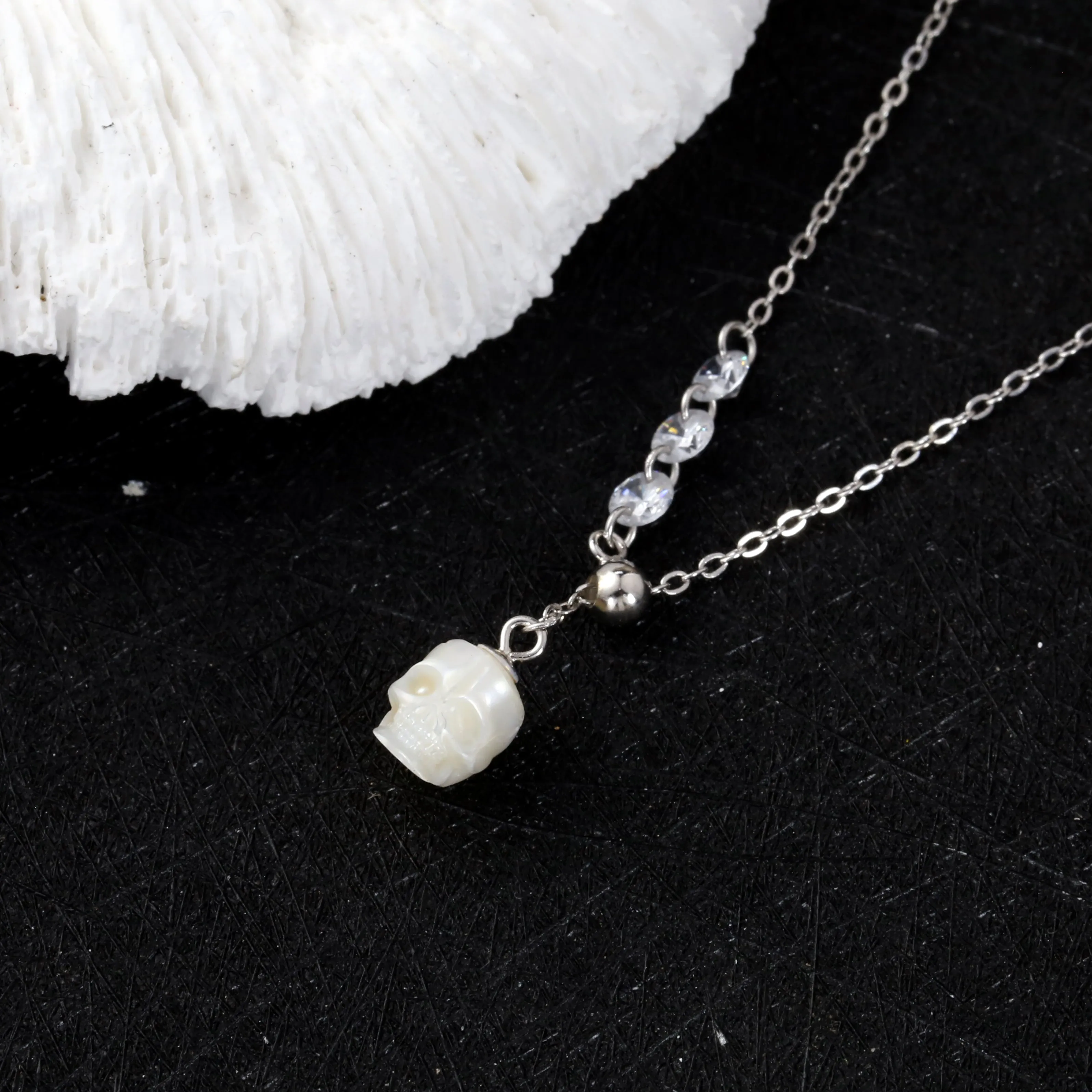 Asymmetrical Pearl Skull Cubic Zirconia CZ Pendant Necklace