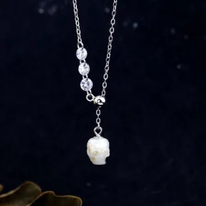 Asymmetrical Pearl Skull Cubic Zirconia CZ Pendant Necklace
