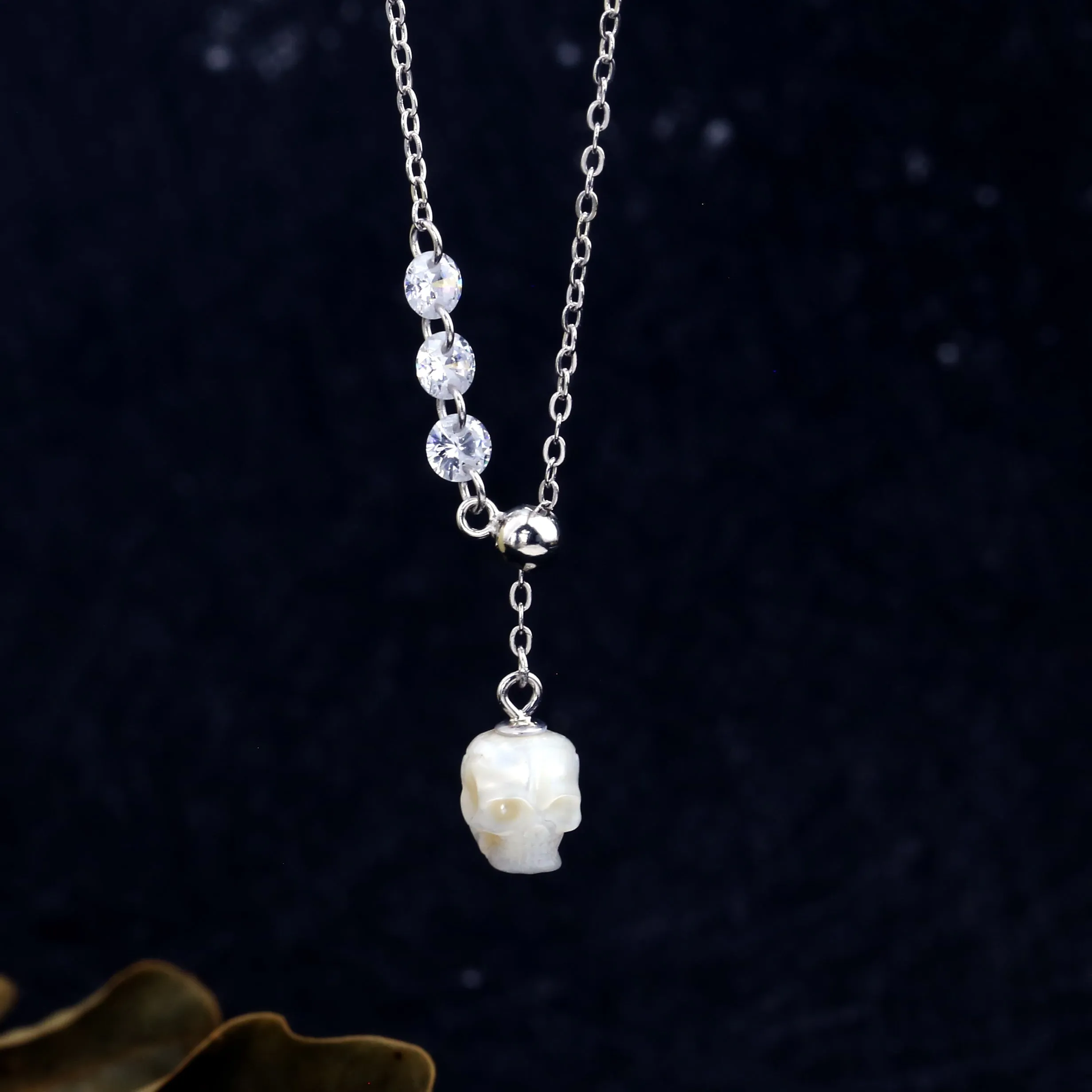 Asymmetrical Pearl Skull Cubic Zirconia CZ Pendant Necklace