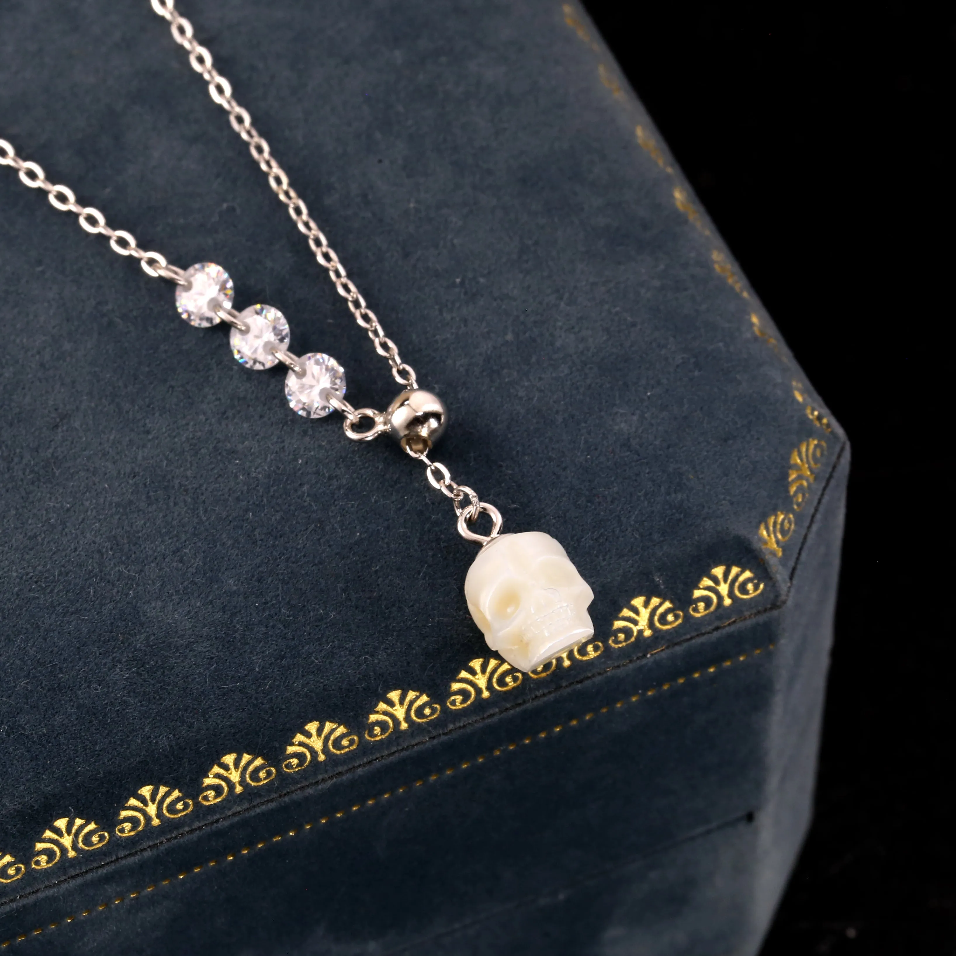 Asymmetrical Pearl Skull Cubic Zirconia CZ Pendant Necklace