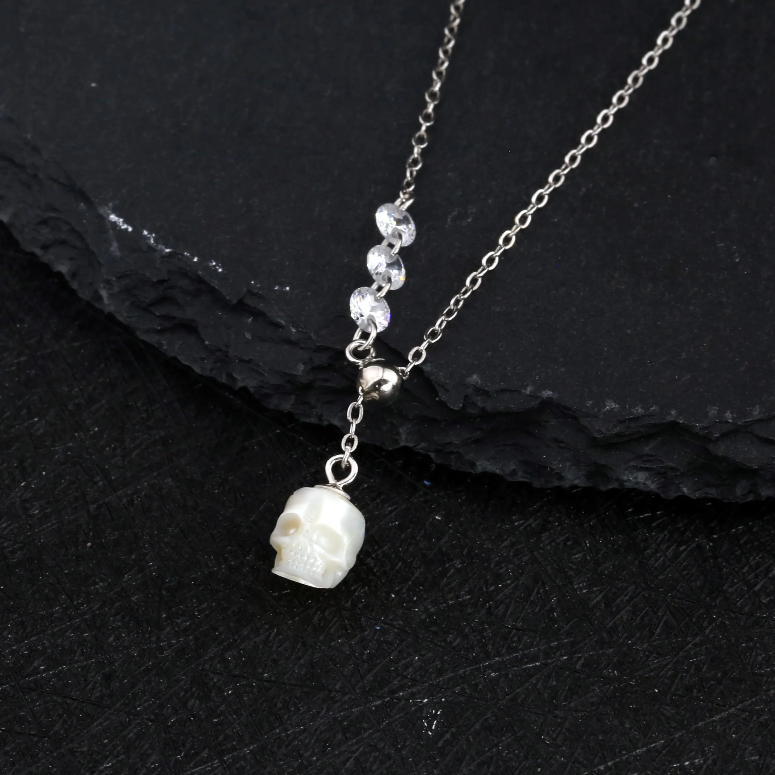 Asymmetrical Pearl Skull Cubic Zirconia CZ Pendant Necklace