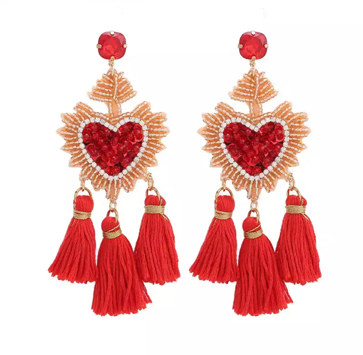 Beaded Heart with Rope Tassel Statement Earrings 230-8 | Erika Williner Designs