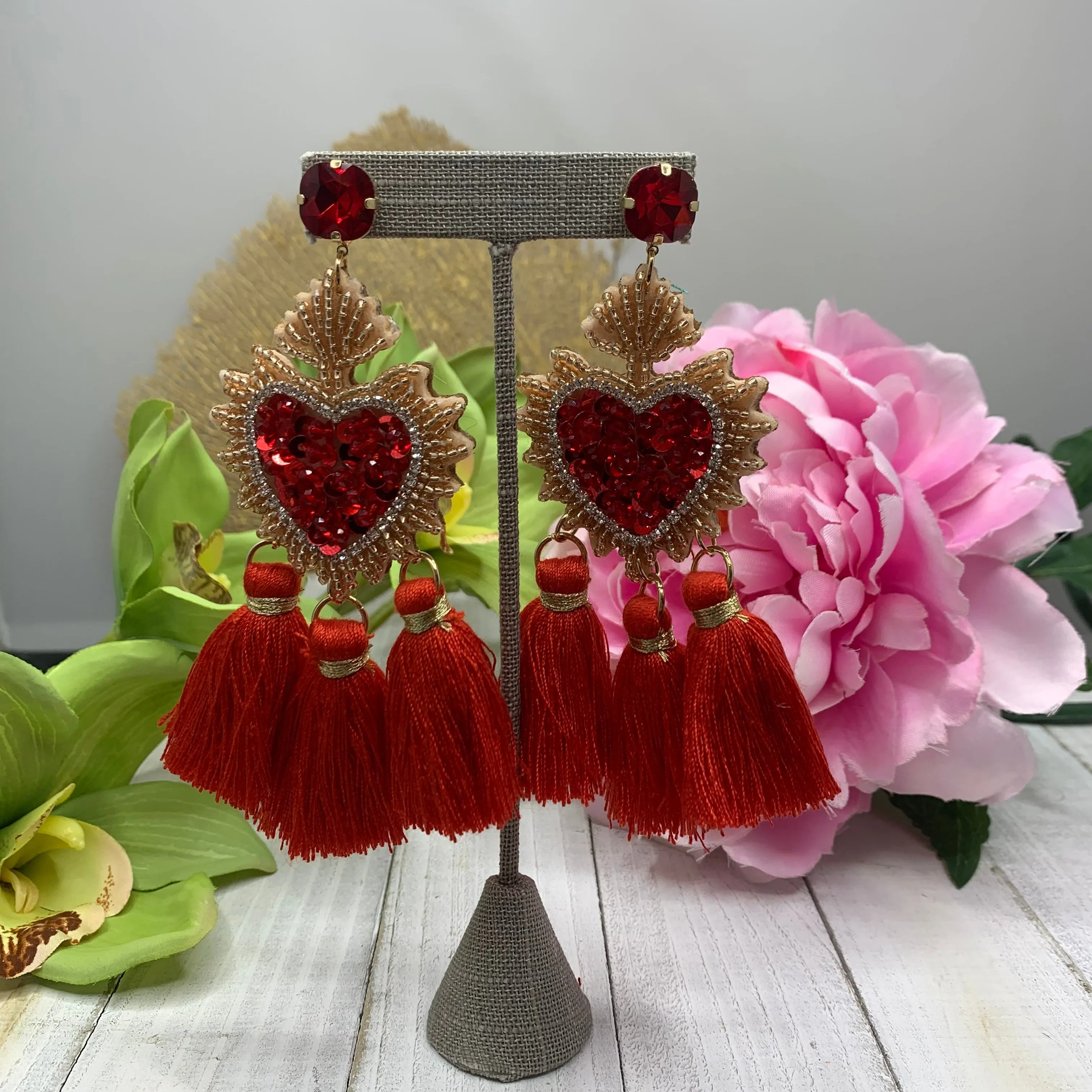 Beaded Heart with Rope Tassel Statement Earrings 230-8 | Erika Williner Designs