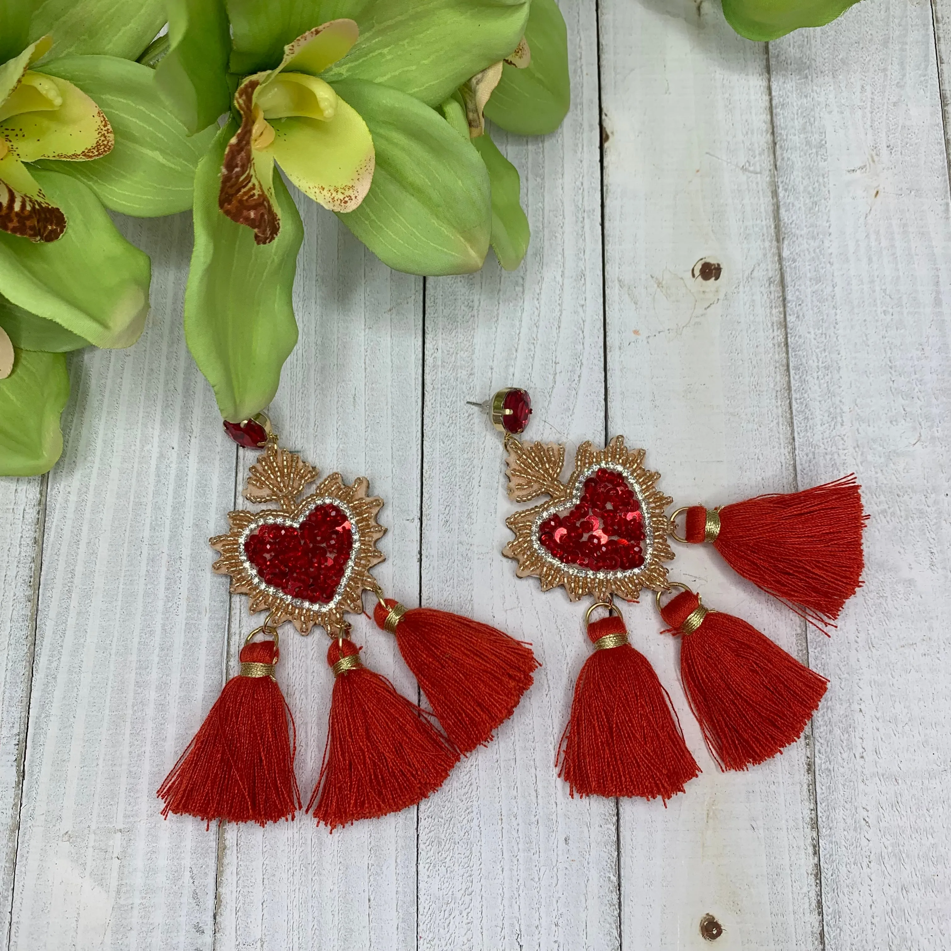 Beaded Heart with Rope Tassel Statement Earrings 230-8 | Erika Williner Designs